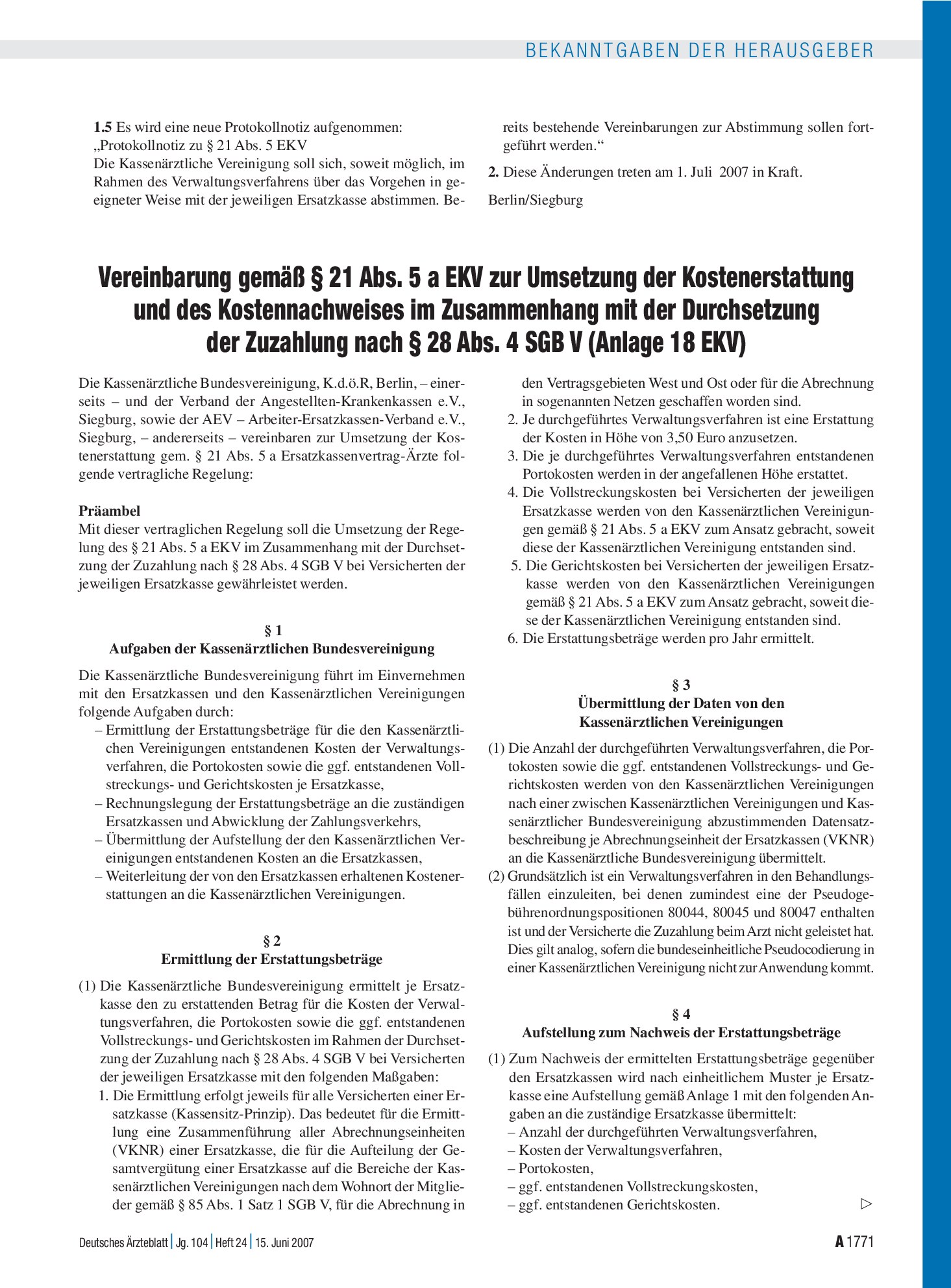 Vorschauseite 1: Vereinbarung gemäß § 21 Abs. 5 a EKV zur Umsetzung der Kostenerstattung und des Kostennachweises im Zusammenhang mit der Durchsetzung der Zuzahlung nach § 28 Abs. 4 SGB V (Anlage…