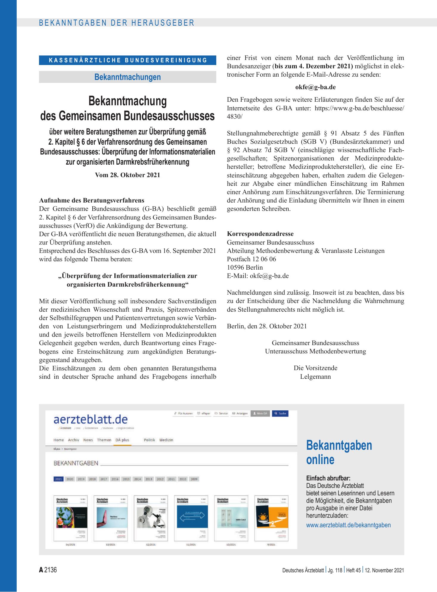 Vorschauseite 1: Bekanntgaben online – Deutsches Ärzteblatt
