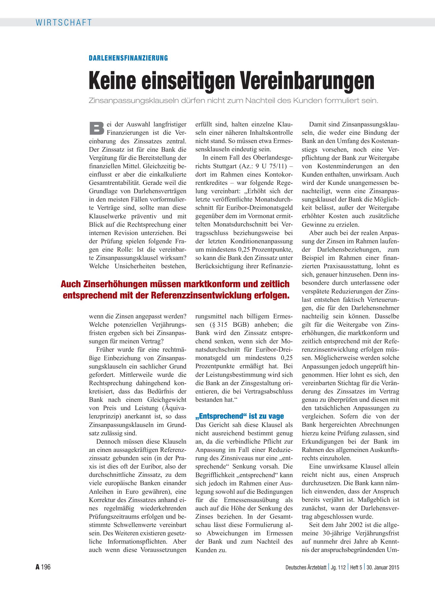 Vorschauseite 1: Darlehensfinanzierung: Keine einseitigen Vereinbarungen – Deutsches Ärzteblatt