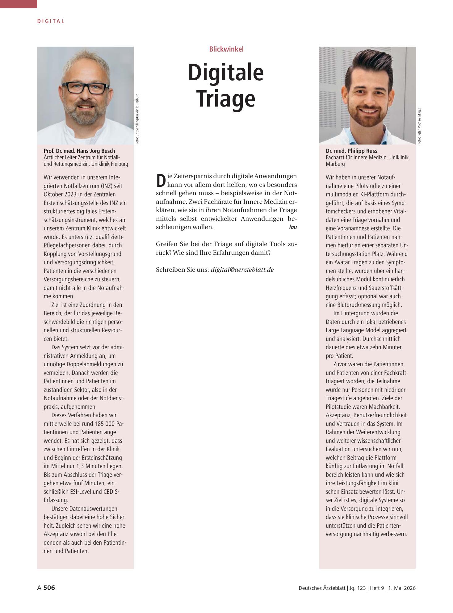 Vorschauseite 1: Blickwinkel: Digitale Triage – Deutsches Ärzteblatt