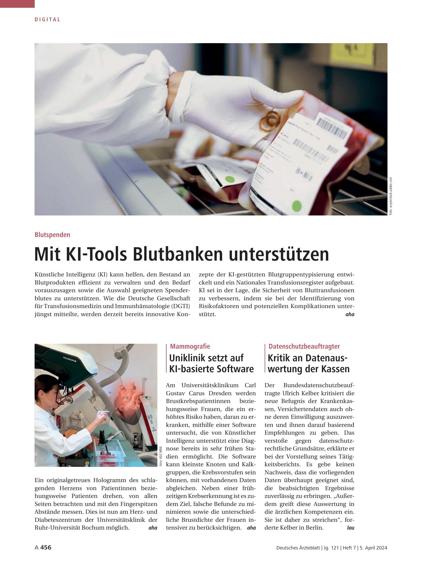 Vorschauseite 1: Blutspenden: Mit KI-Tools Blutbanken unterstützen – Deutsches Ärzteblatt