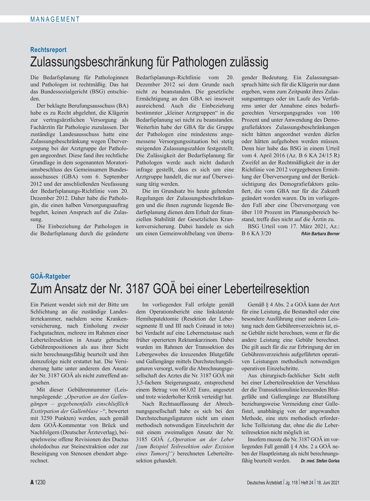 Vorschauseite 1: GOÄ-Ratgeber: Zum Ansatz der Nr. 3187 GOÄ bei einer Leberteilresektion – Deutsches Ärzteblatt