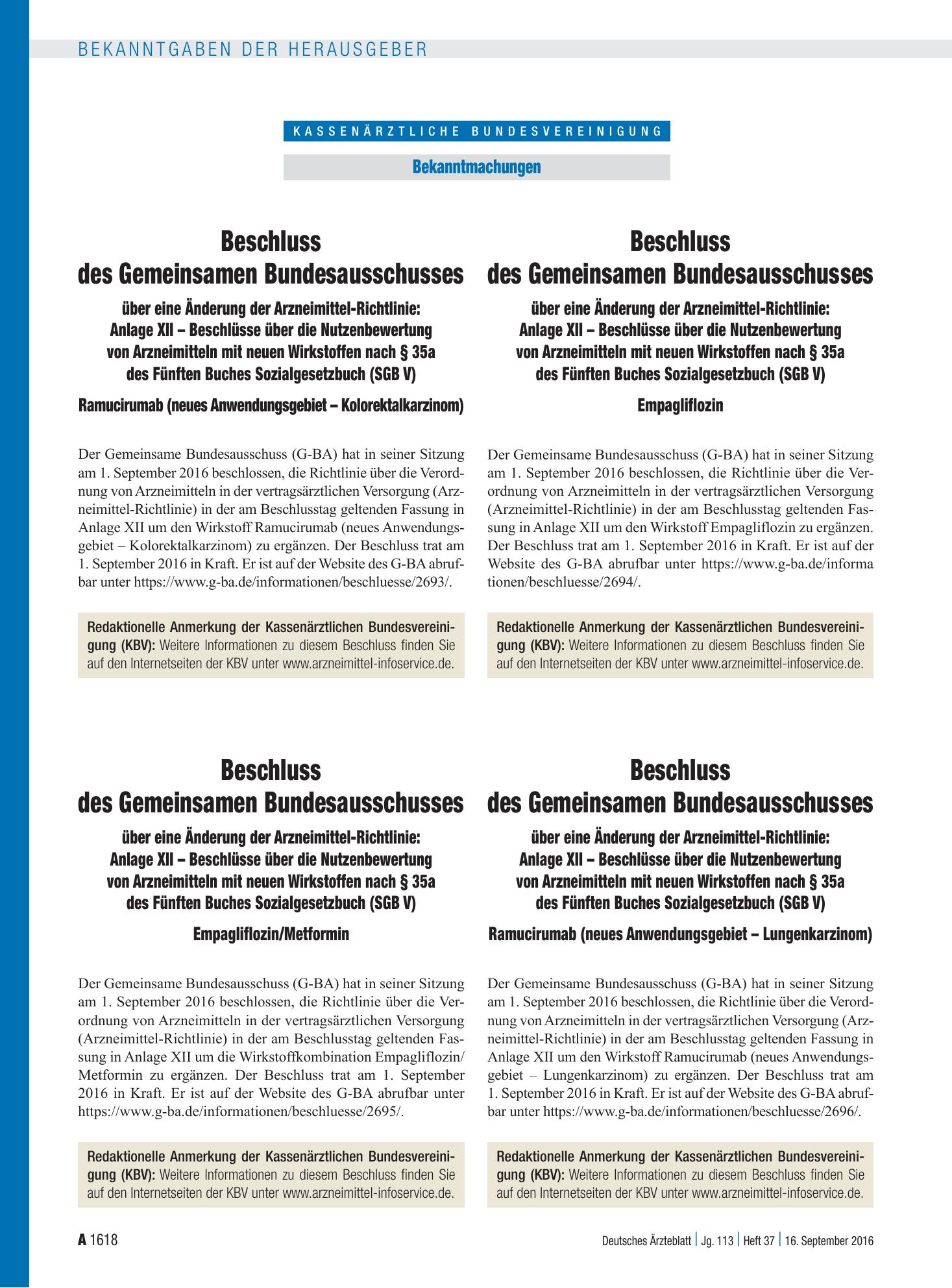 Vorschauseite 1: Beschluss des Gemeinsamen Bundesausschusses über eine Änderung der Arzneimittel-Richtlinie: Anlage XII – Beschlüsse über die Nutzenbewertung von Arzneimitteln mit neuen Wirkstoffe…