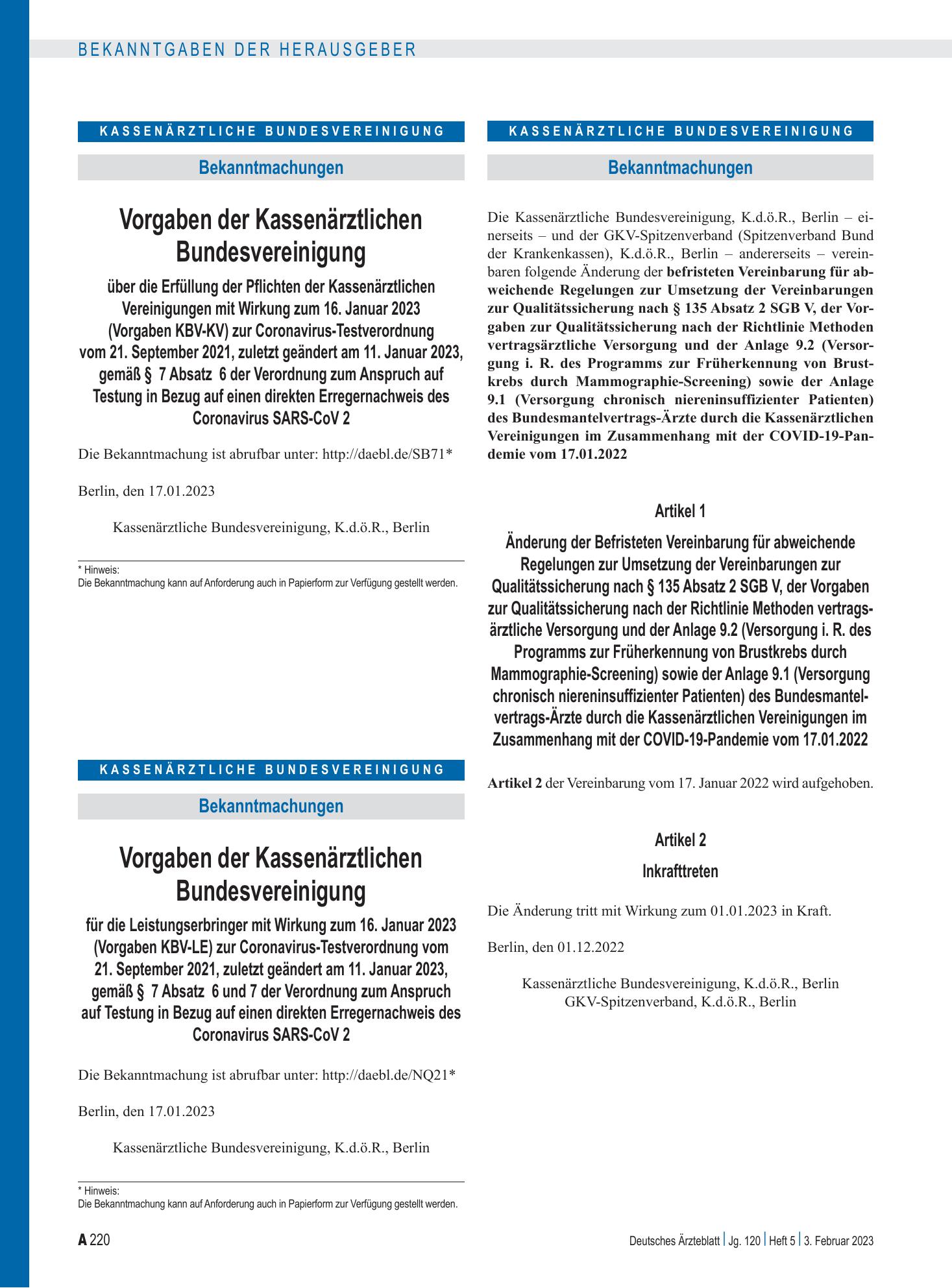 Vorschauseite 1: Änderung der Befristeten Vereinbarung für abweichende Regelungen zur Umsetzung der Vereinbarungen zur Qualitätssicherung nach § 135 Absatz 2 SGB V, der Vorgaben zur Qualitätssiche…
