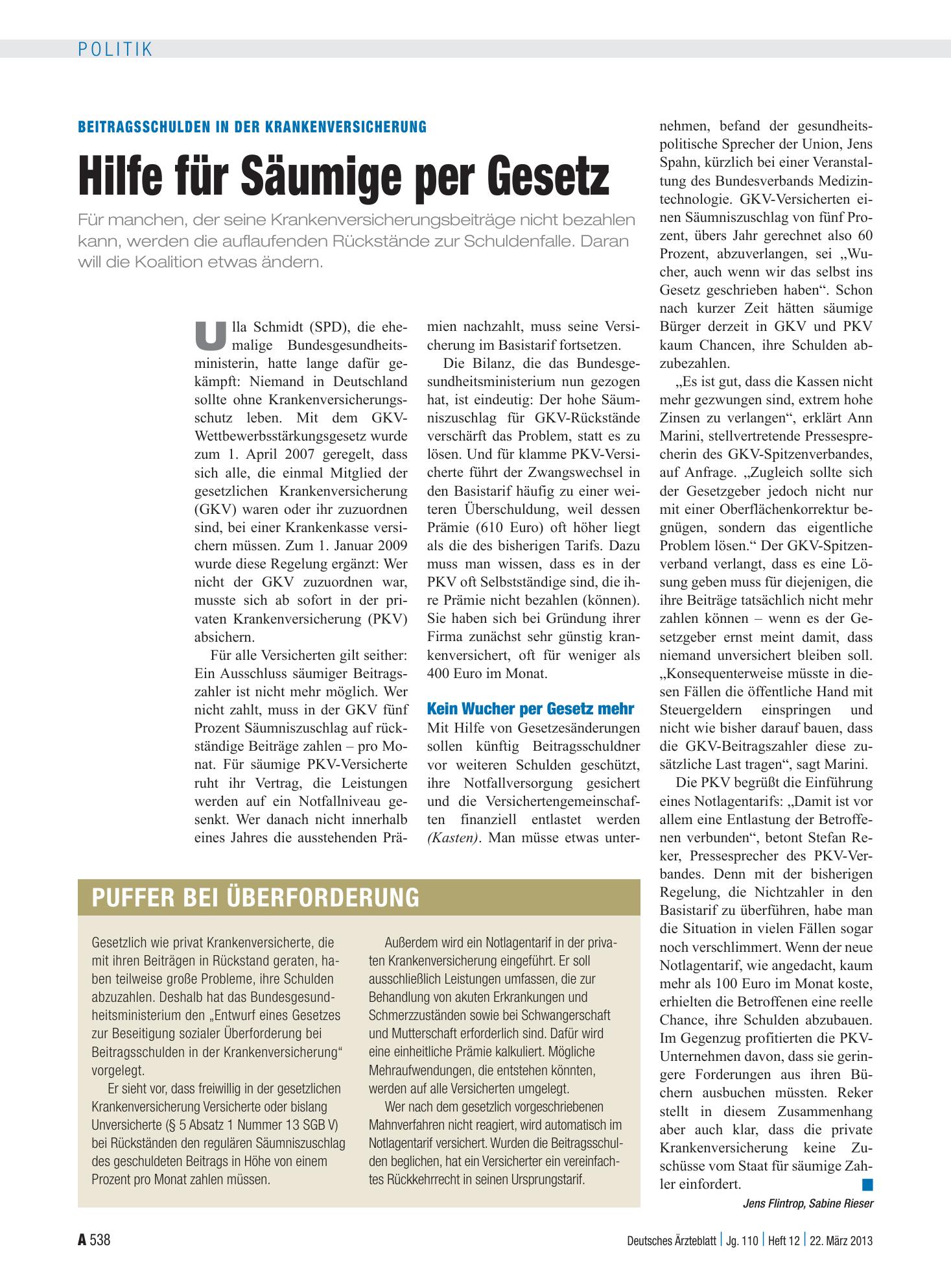 Vorschauseite 1: Beitragsschulden in der Krankenversicherung: Hilfe für Säumige per Gesetz – Deutsches Ärzteblatt