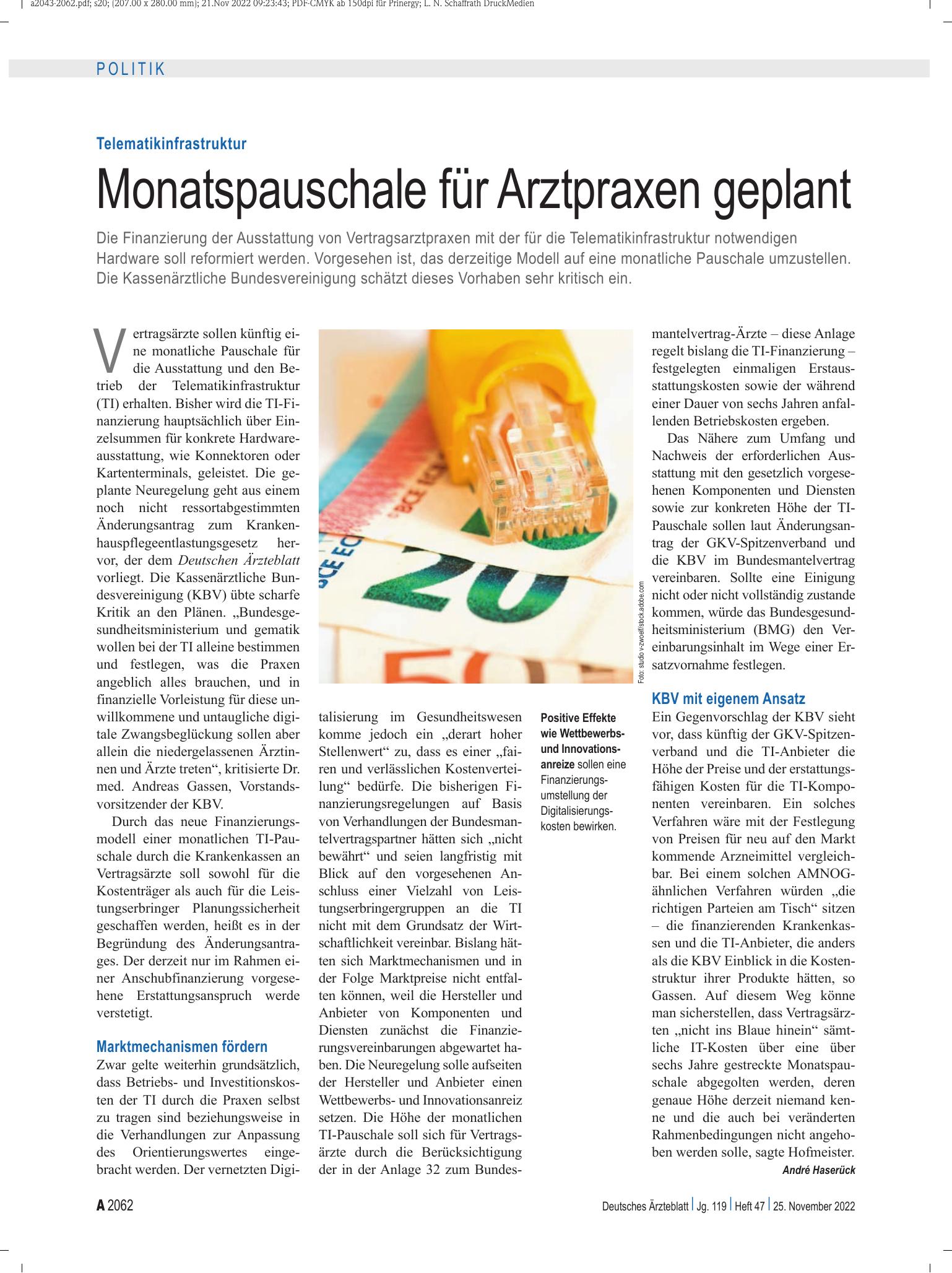 Vorschauseite 1: Telematikinfrastruktur: Monatspauschale für Arztpraxen geplant – Deutsches Ärzteblatt