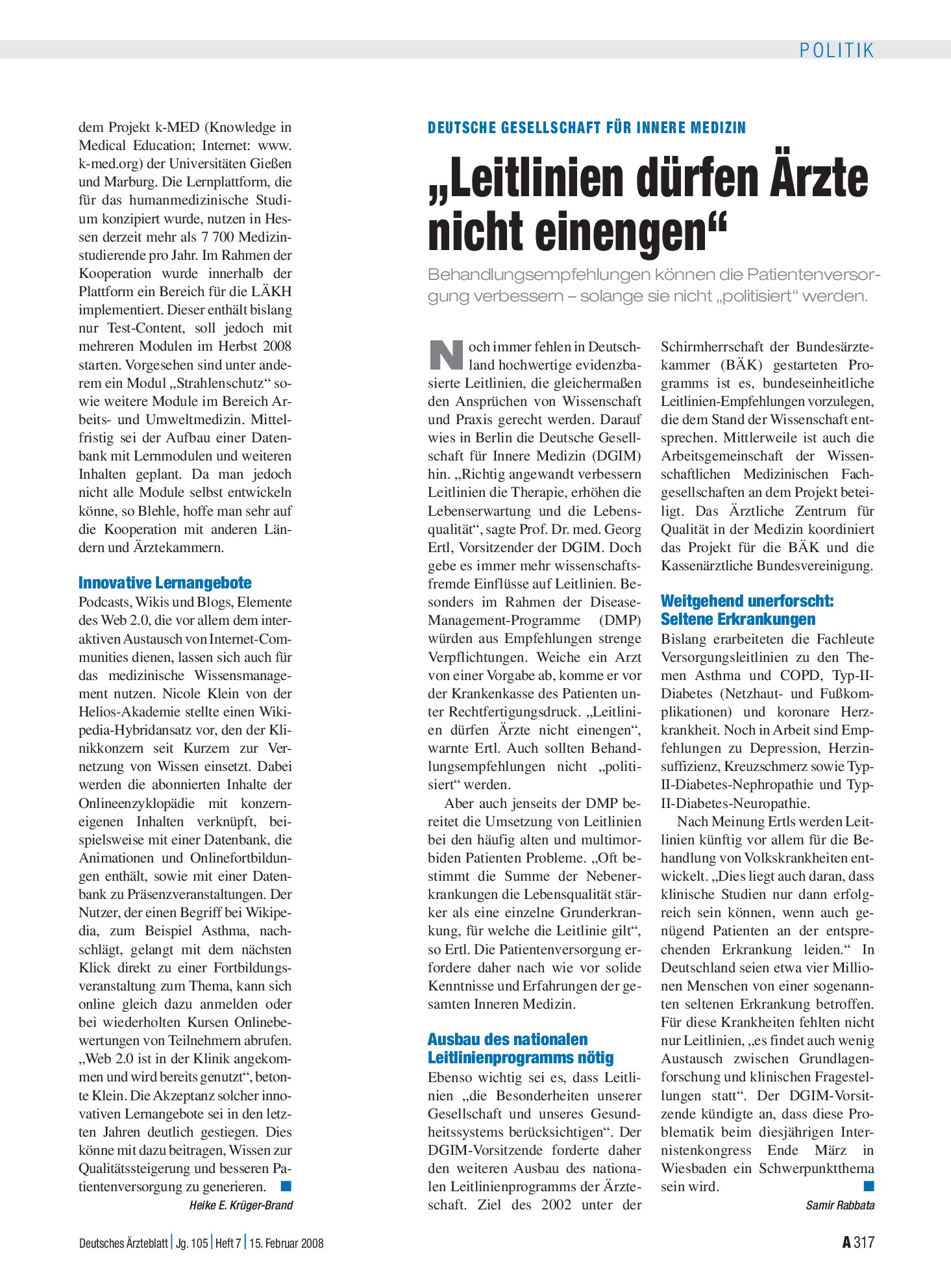 Vorschauseite 1: Deutsche Gesellschaft für innere Medizin: „Leitlinien dürfen Ärzte nicht einengen“ – Deutsches Ärzteblatt