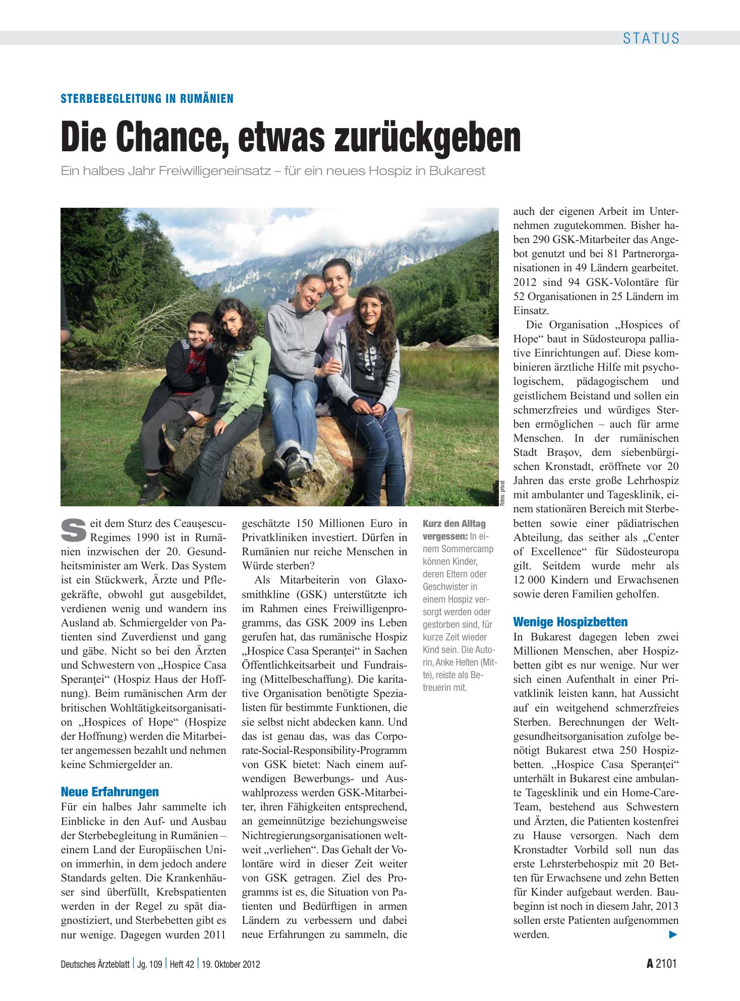 Vorschauseite 1: Sterbebegleitung in Rumänien: Die Chance, etwas zurückgeben – Deutsches Ärzteblatt