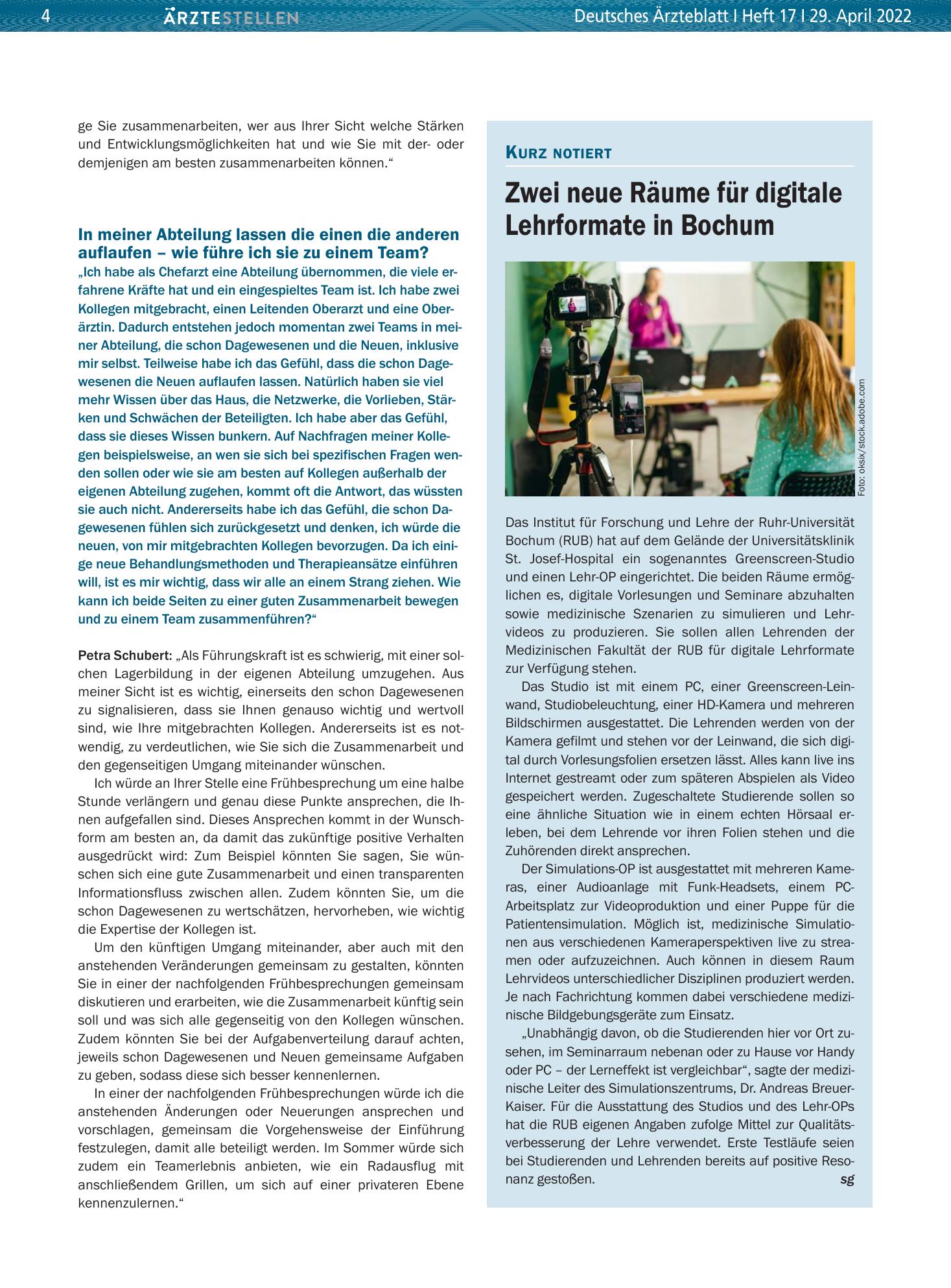 Vorschauseite 1: Zwei neue Räume für digitale Lehrformate in Bochum – Deutsches Ärzteblatt