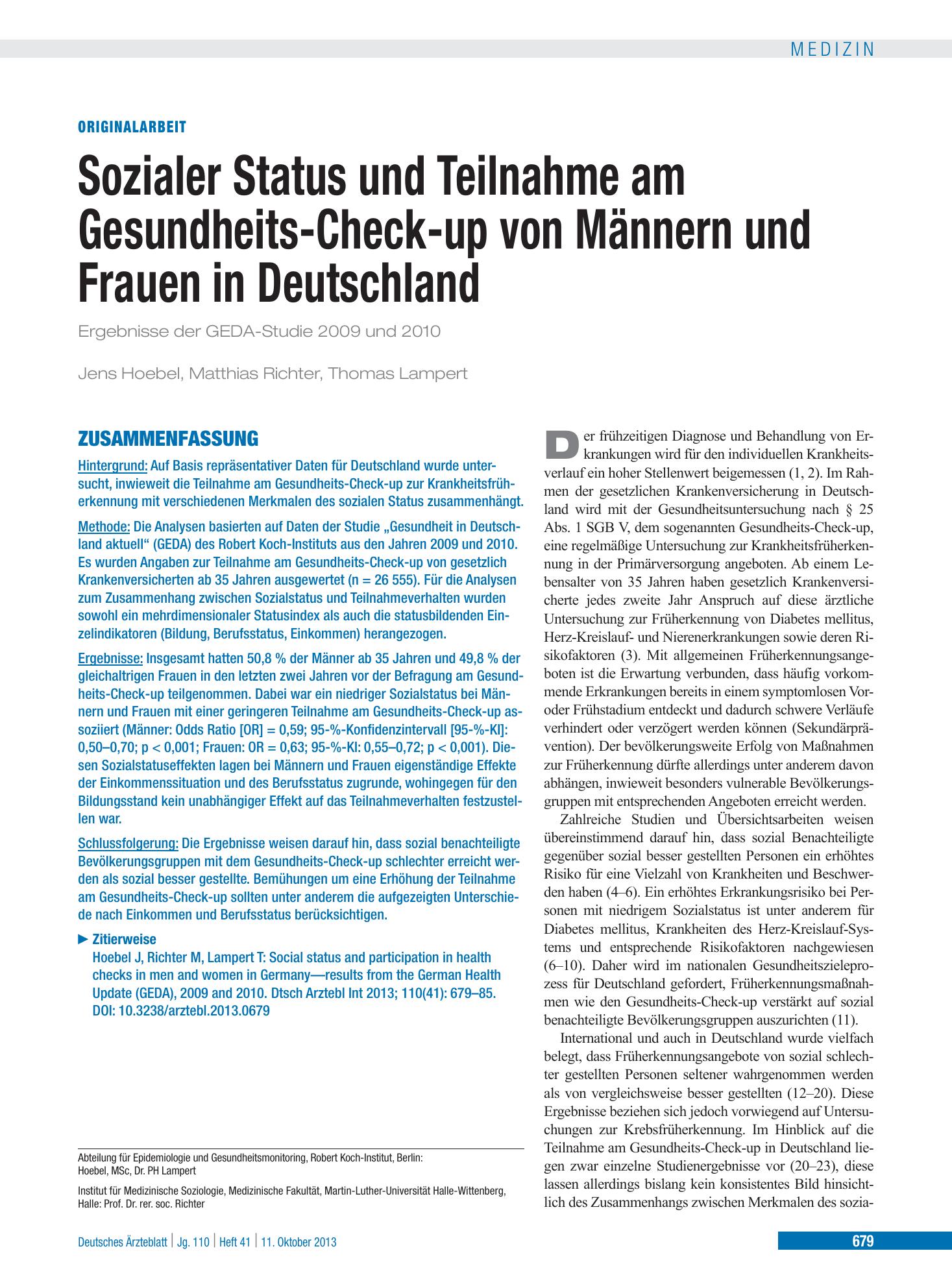 Vorschauseite 1: Sozialer Status und Teilnahme am Gesundheits-Check-up von Männern und Frauen in Deutschland – Deutsches Ärzteblatt