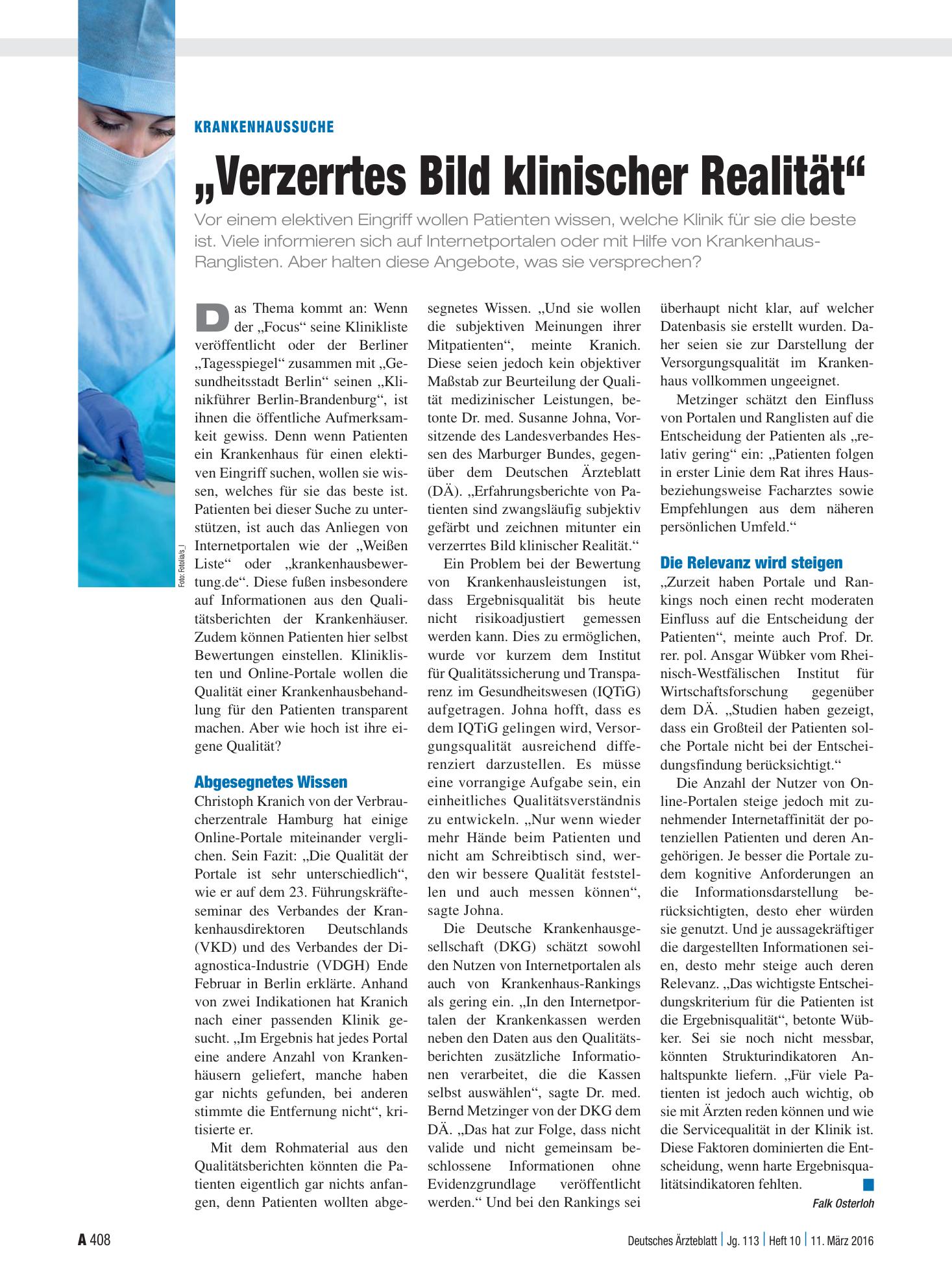 Vorschauseite 1: Krankenhaussuche: „Verzerrtes Bild klinischer Realität“ – Deutsches Ärzteblatt