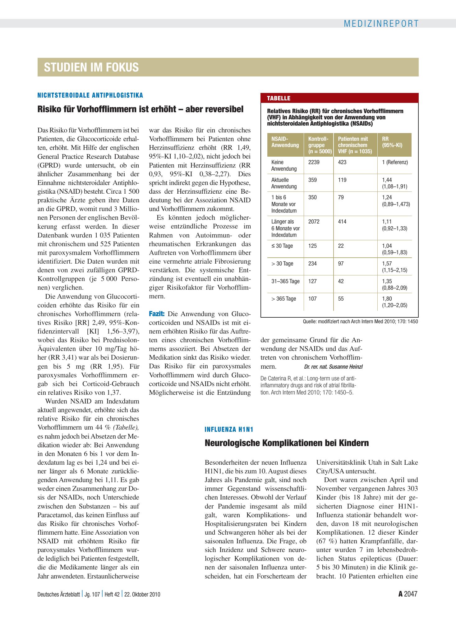 Vorschauseite 1: Nichtsteroidale Antiphlogistika: Risiko für Vorhofflimmern ist erhöht – aber reversibel – Deutsches Ärzteblatt