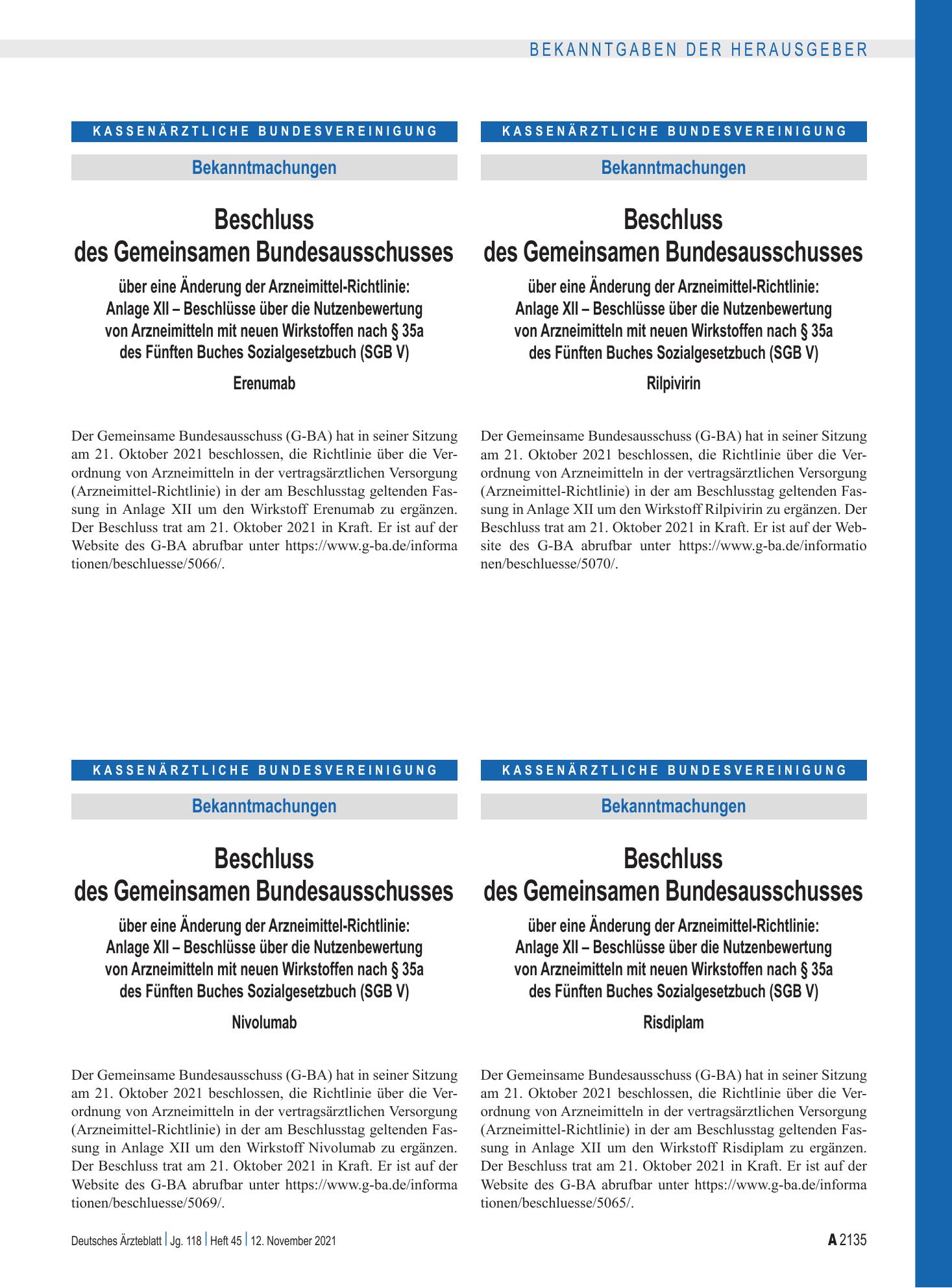 Vorschauseite 1: Beschluss des Gemeinsamen Bundesausschusses über eine Änderung der Arzneimittel-Richtlinie: Anlage XII – Erenumab – Deutsches Ärzteblatt
