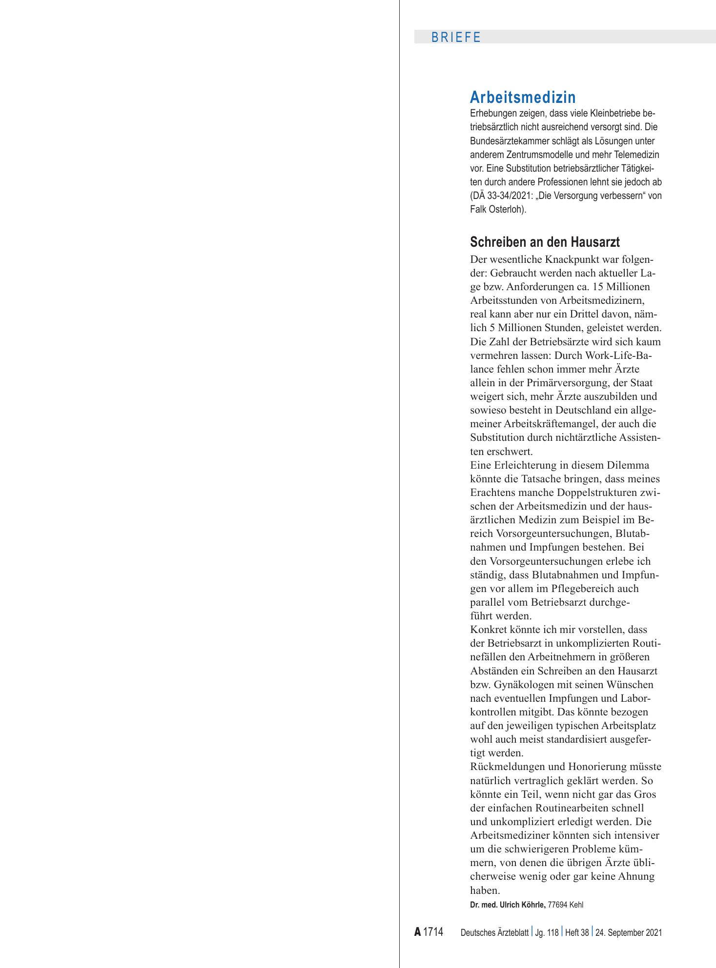 Vorschauseite 1: Arbeitsmedizin: Schreiben an den Hausarzt – Deutsches Ärzteblatt