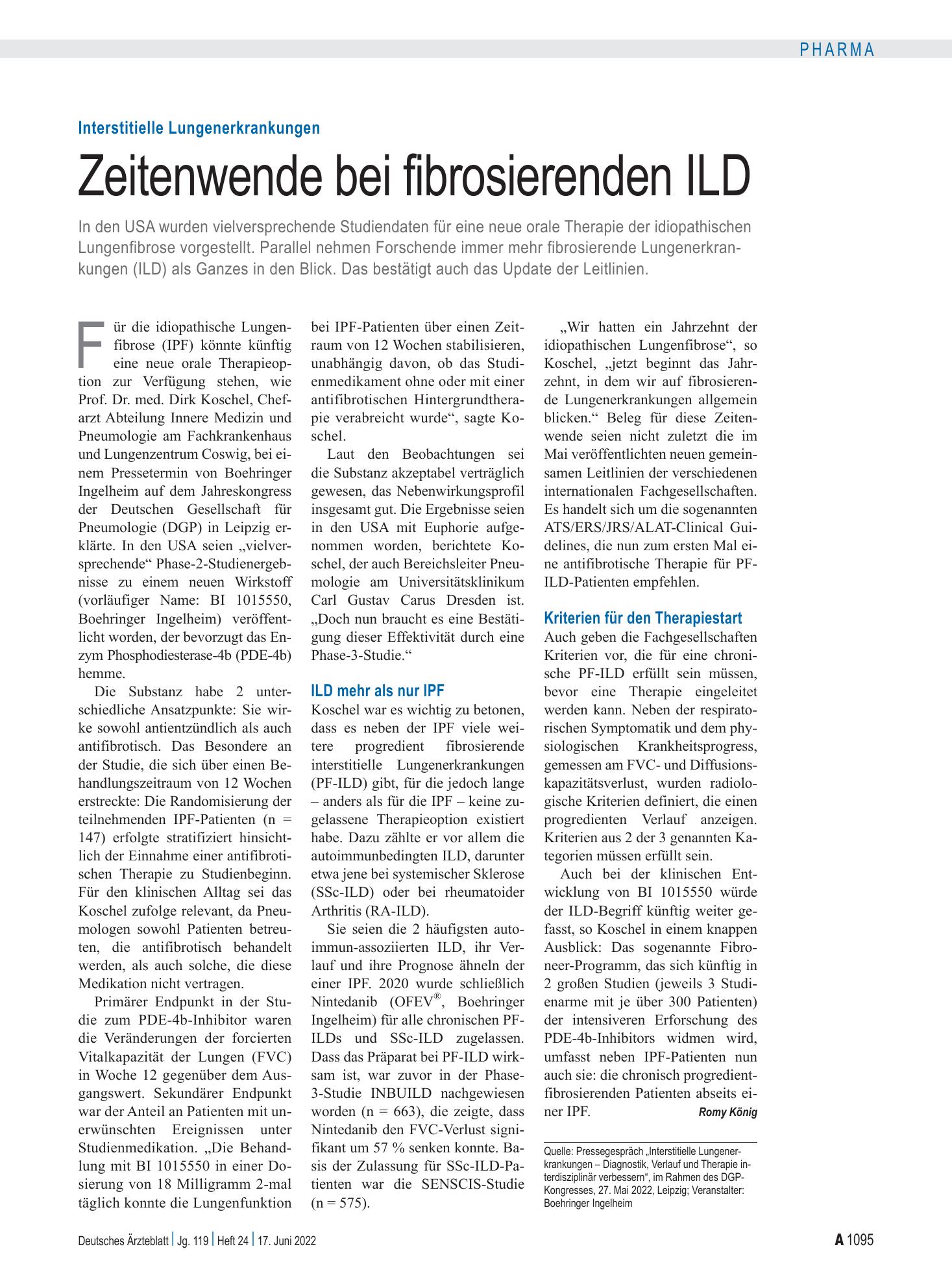 Vorschauseite 1: Interstitielle Lungenerkrankungen: Zeitenwende bei fibrosierenden ILD – Deutsches Ärzteblatt