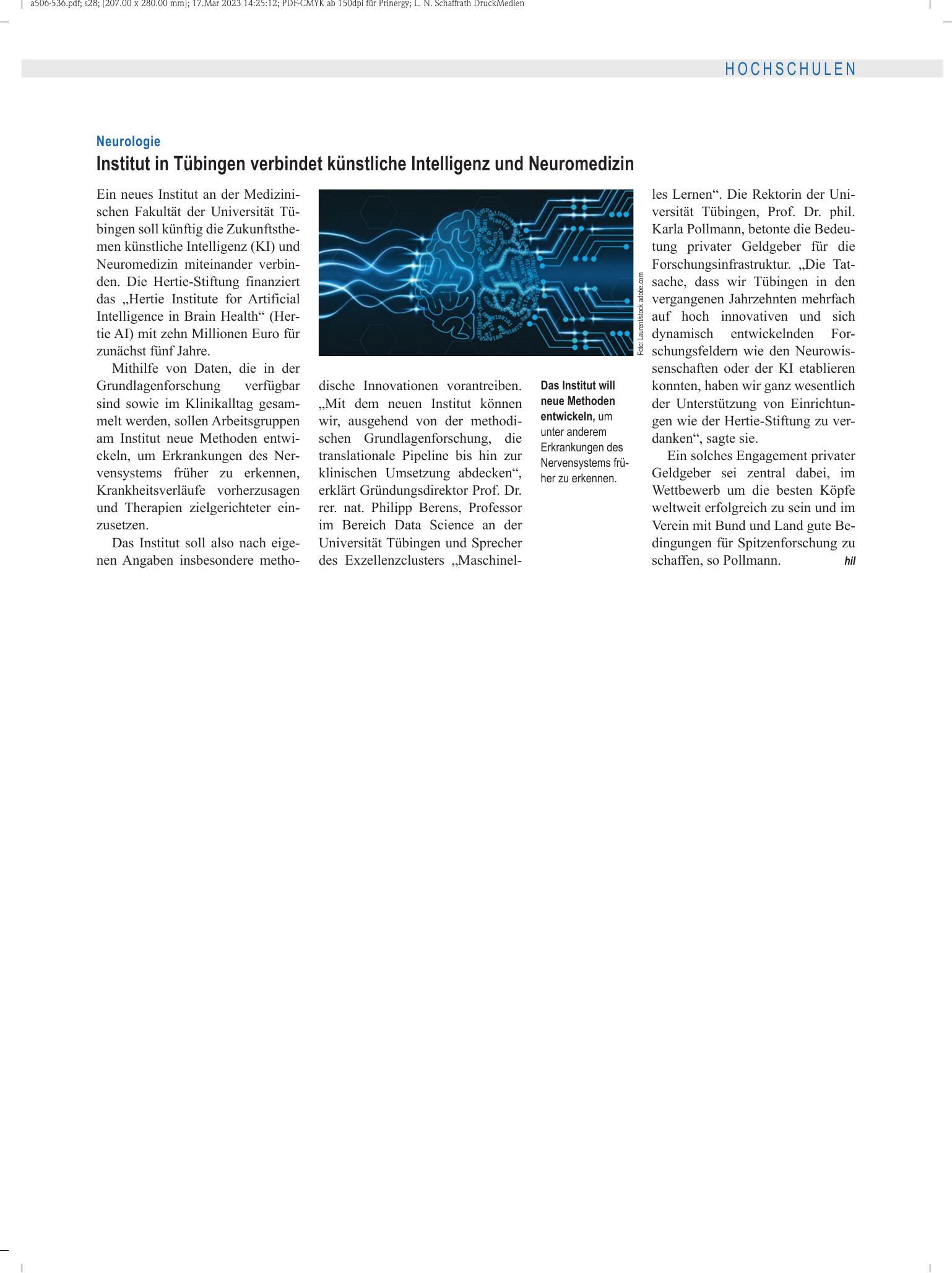 Vorschauseite 1: Neurologie: Institut in Tübingen verbindet künstliche Intelligenz und Neuromedizin – Deutsches Ärzteblatt
