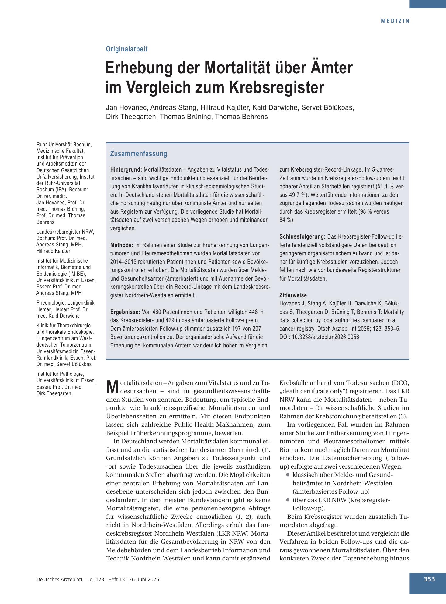 Vorschauseite 1: Erhebung der Mortalität über Ämter im Vergleich zum Krebsregister – Deutsches Ärzteblatt