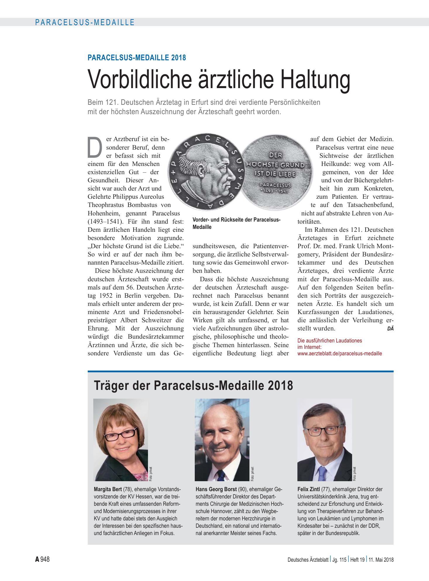 Vorschauseite 1: PARACELSUS-MEDAILLE 2018: Vorbildliche ärztliche Haltung – Deutsches Ärzteblatt
