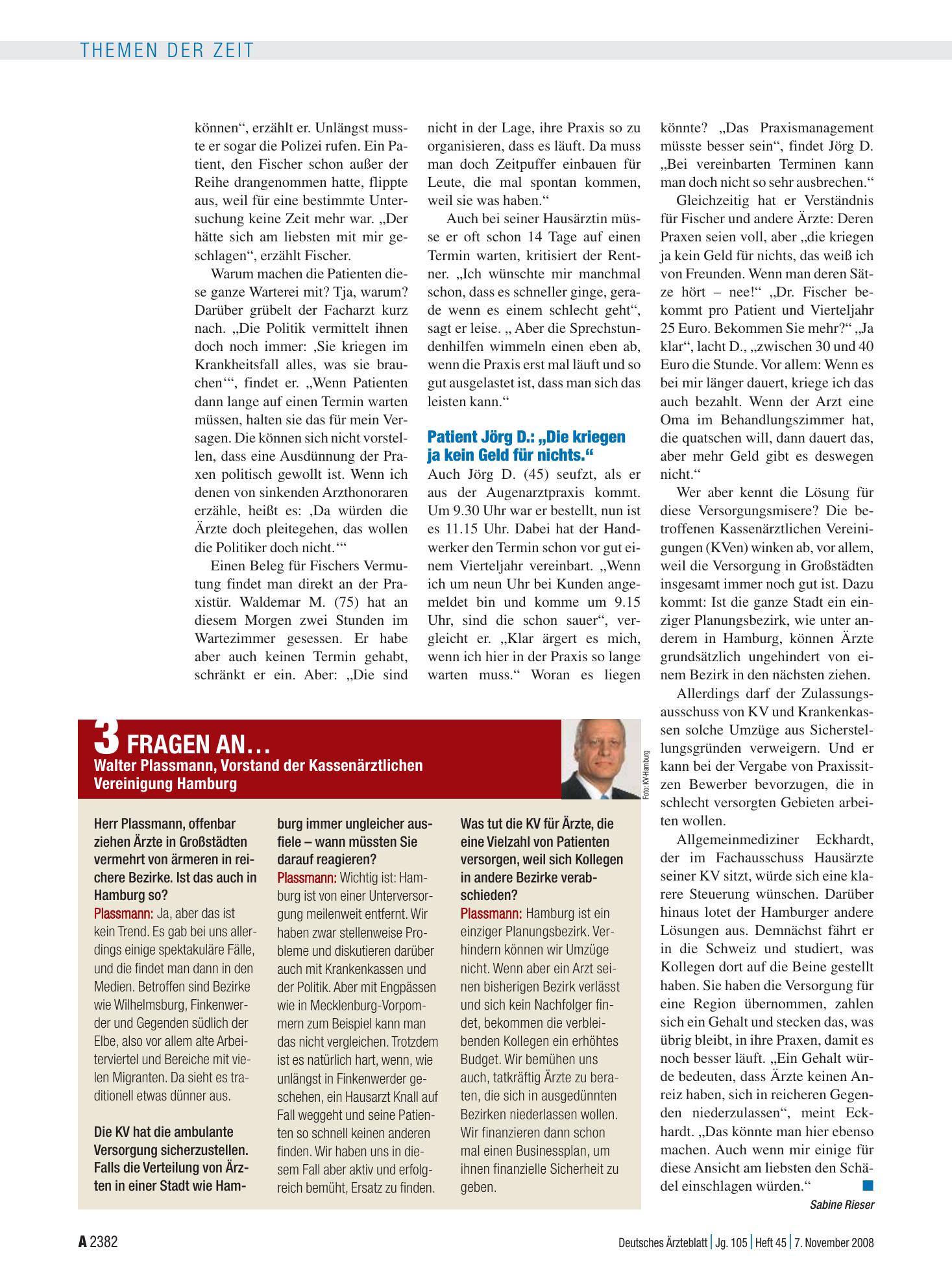 Vorschauseite 1: 3 Fragen an… Walter Plassmann, Vorstand der Kassenärztlichen Vereinigung Hamburg – Deutsches Ärzteblatt