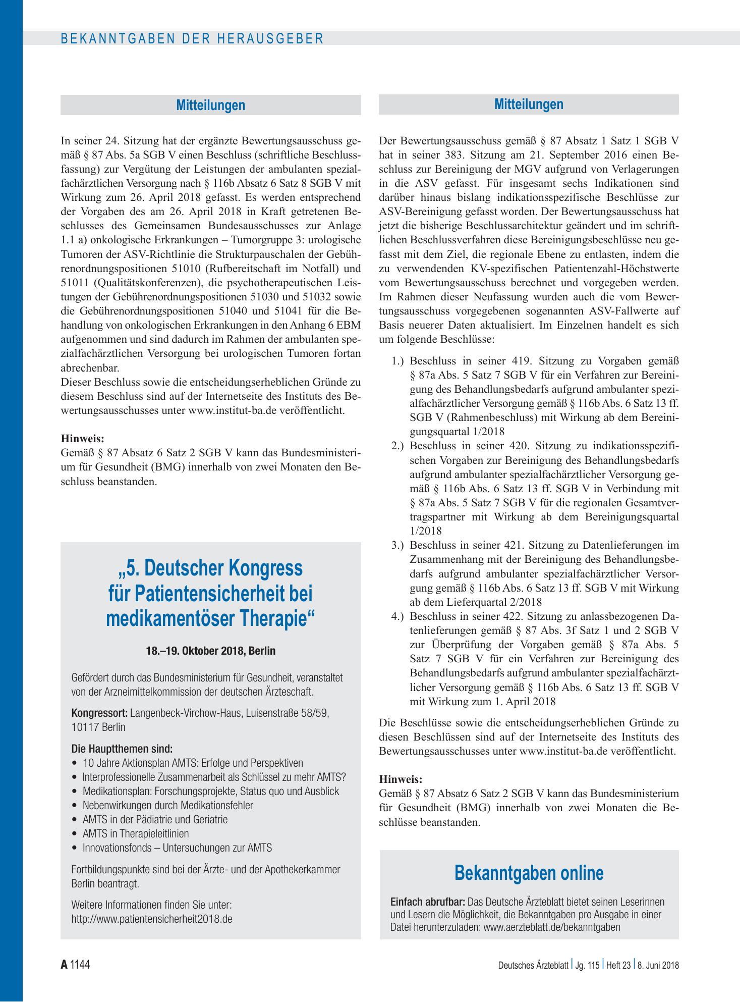 Vorschauseite 1: Mitteilungen – Deutsches Ärzteblatt