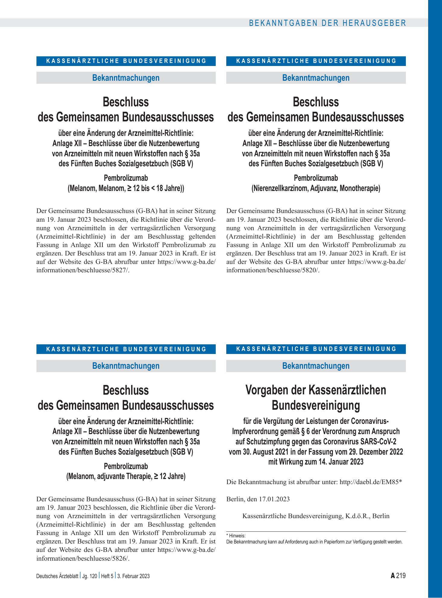 Vorschauseite 1: Beschluss des Gemeinsamen Bundesausschusses über eine Änderung der Arzneimittel-Richtlinie: Anlage XII – Pembrolizumab (Melanom, Melanom, ≥ 12 bis < 18 Jahre) – Deutsches Ärztebla…