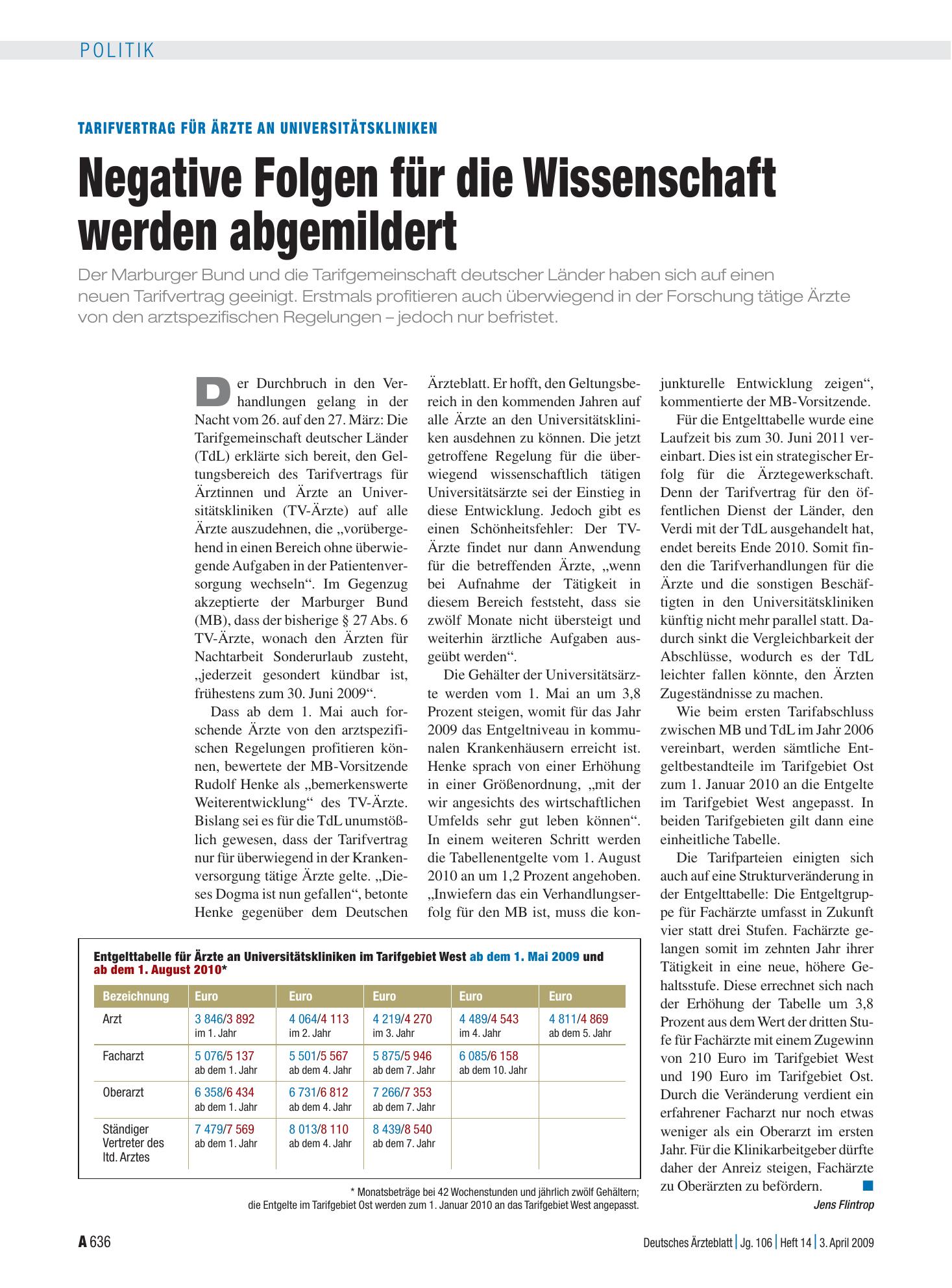 Vorschauseite 1: Tarifvertrag für Ärzte an Universitätskliniken: Negative Folgen für die Wissenschaft werden abgemildert – Deutsches Ärzteblatt