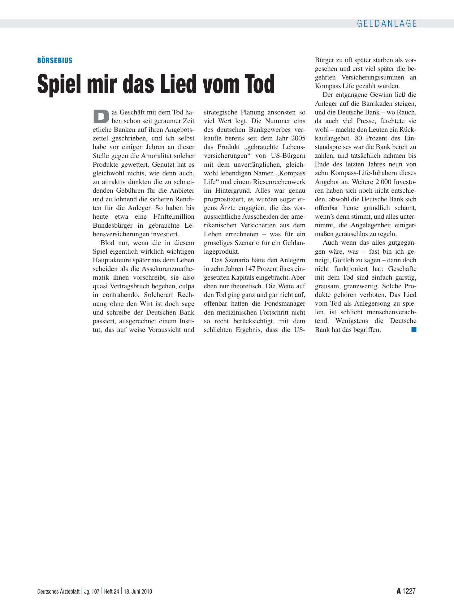 Vorschauseite 1: Börsebius: Spiel mir das Lied vom Tod – Deutsches Ärzteblatt