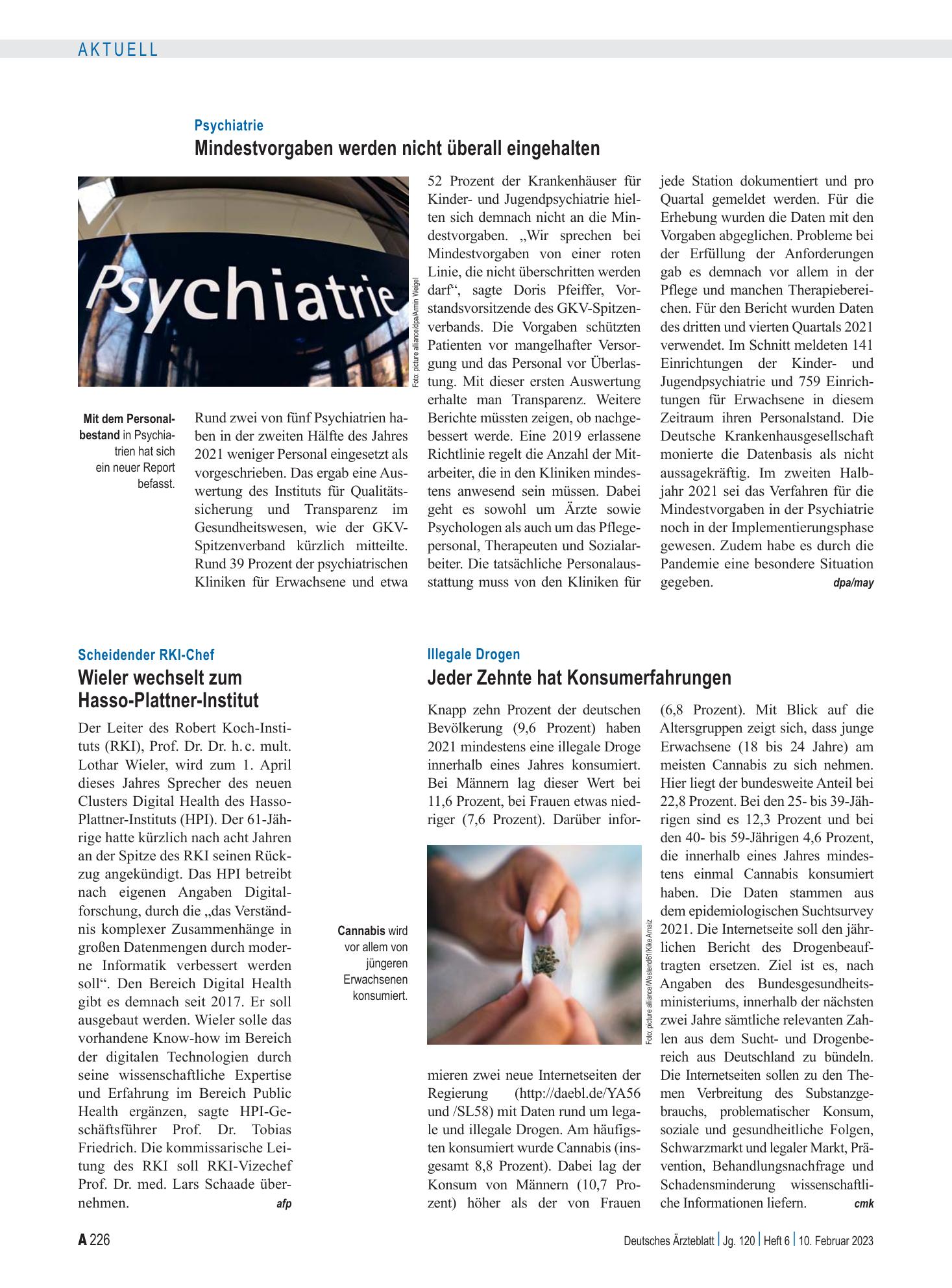 Vorschauseite 1: Psychiatrie: Mindestvorgaben werden nicht überall eingehalten – Deutsches Ärzteblatt