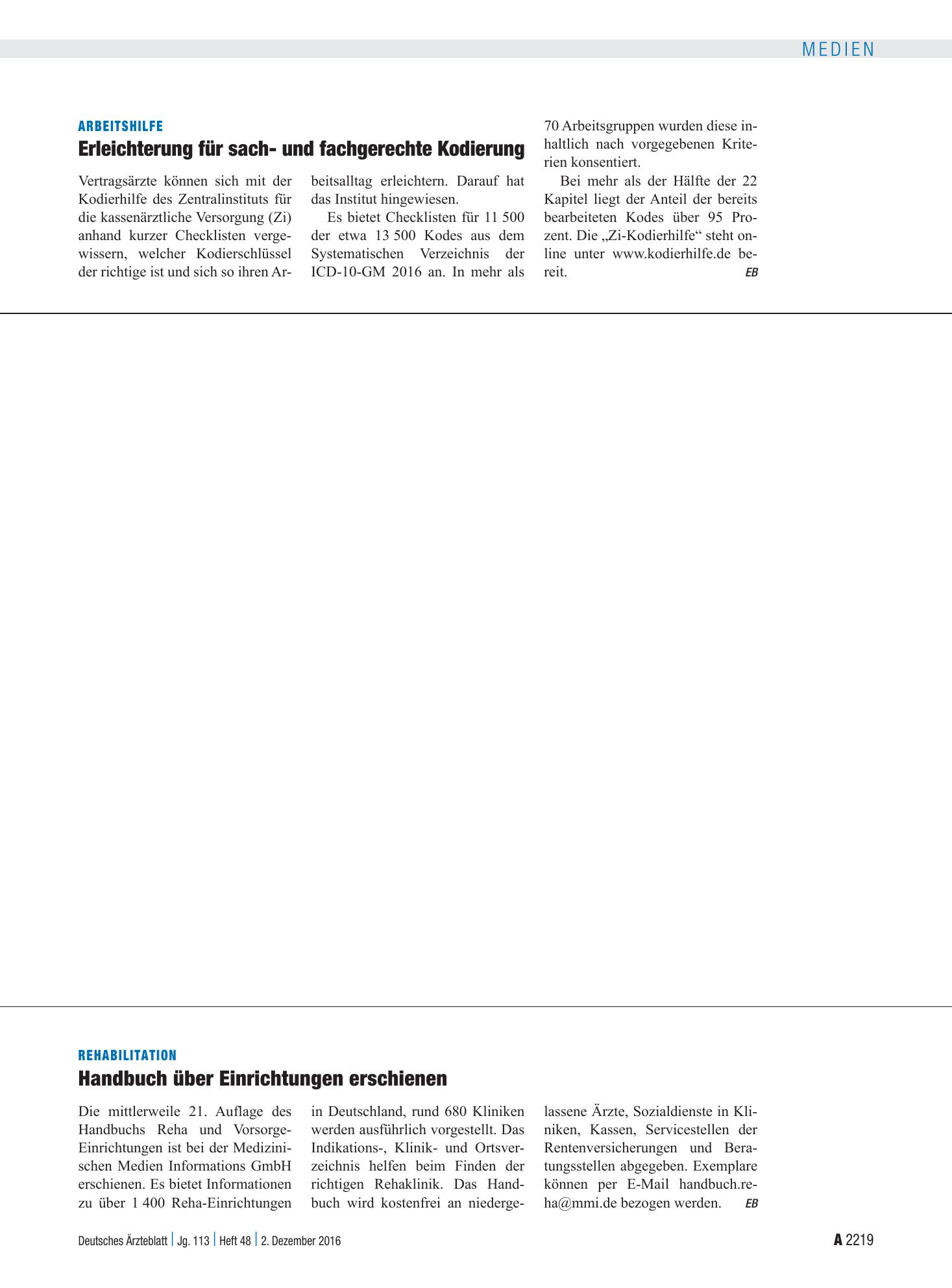 Vorschauseite 1: Rehabilitation: Handbuch über Einrichtungen erschienen – Deutsches Ärzteblatt