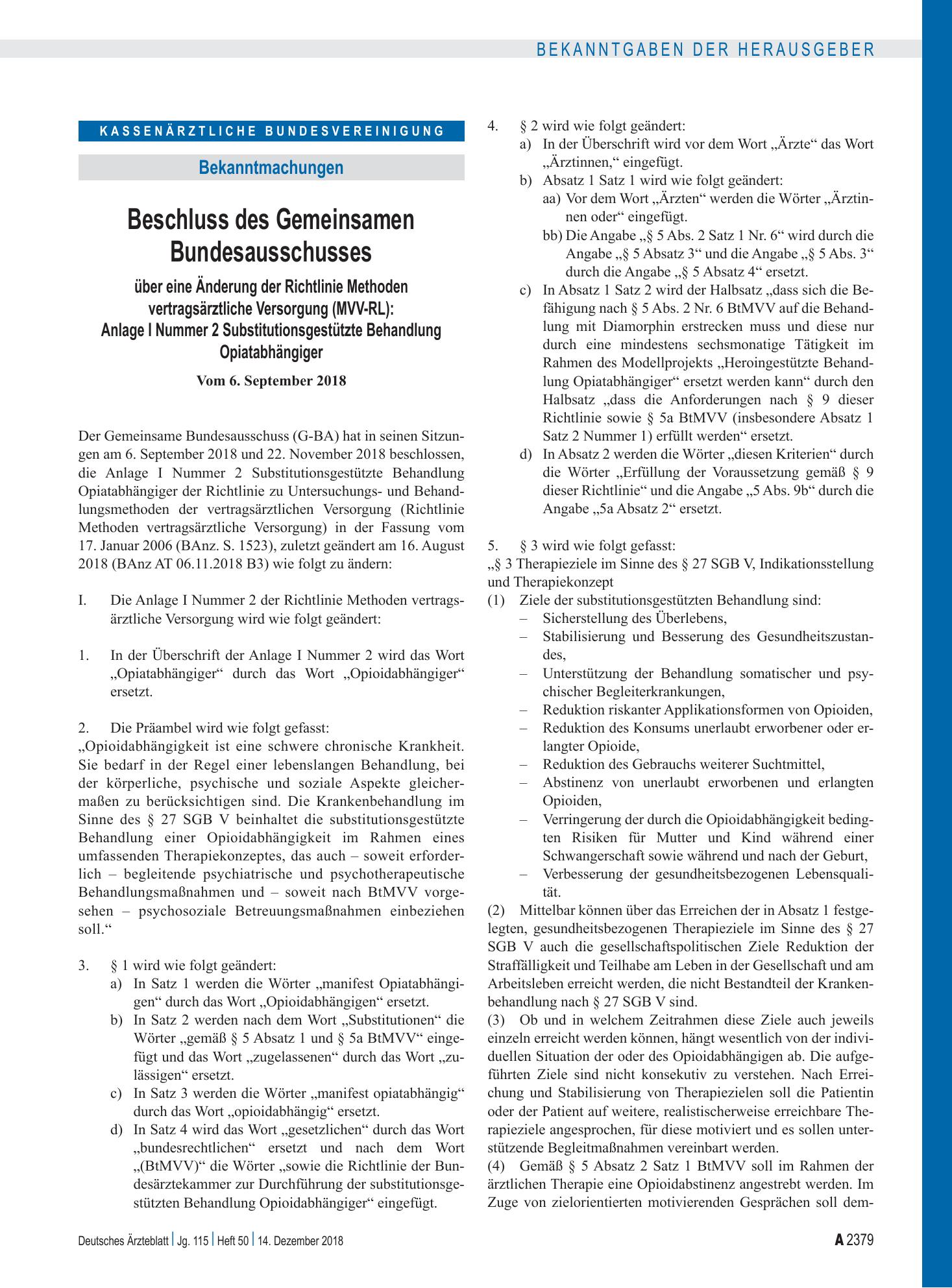 Vorschauseite 1: Beschluss des Gemeinsamen Bundesausschusses über eine Änderung der Richtlinie Methoden vertragsärztliche Versorgung (MVV-RL): Anlage I Nummer 2 Substitutionsgestützte Behandlung O…