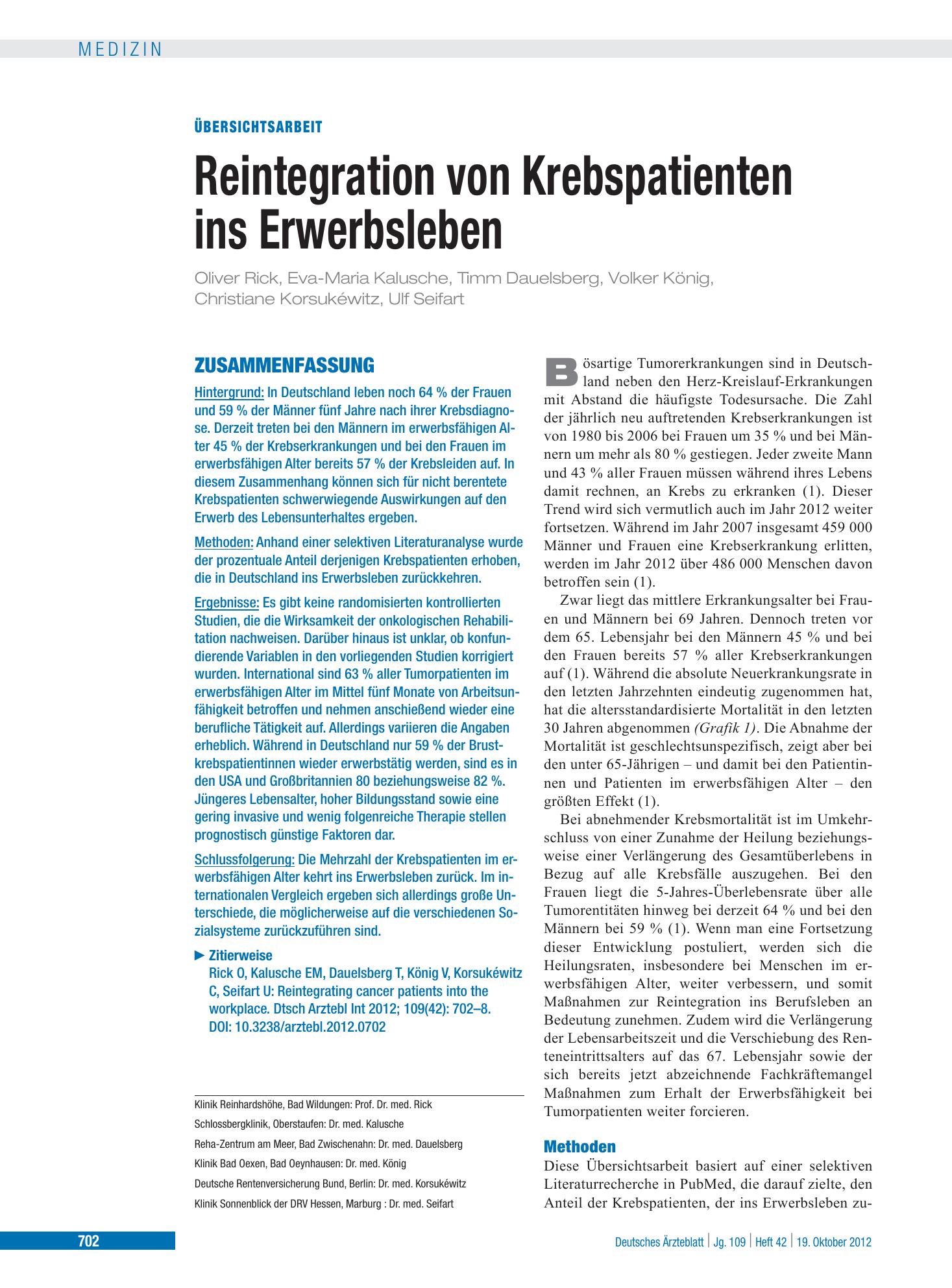 Vorschauseite 1: Reintegration von Krebspatienten ins Erwerbsleben – Deutsches Ärzteblatt