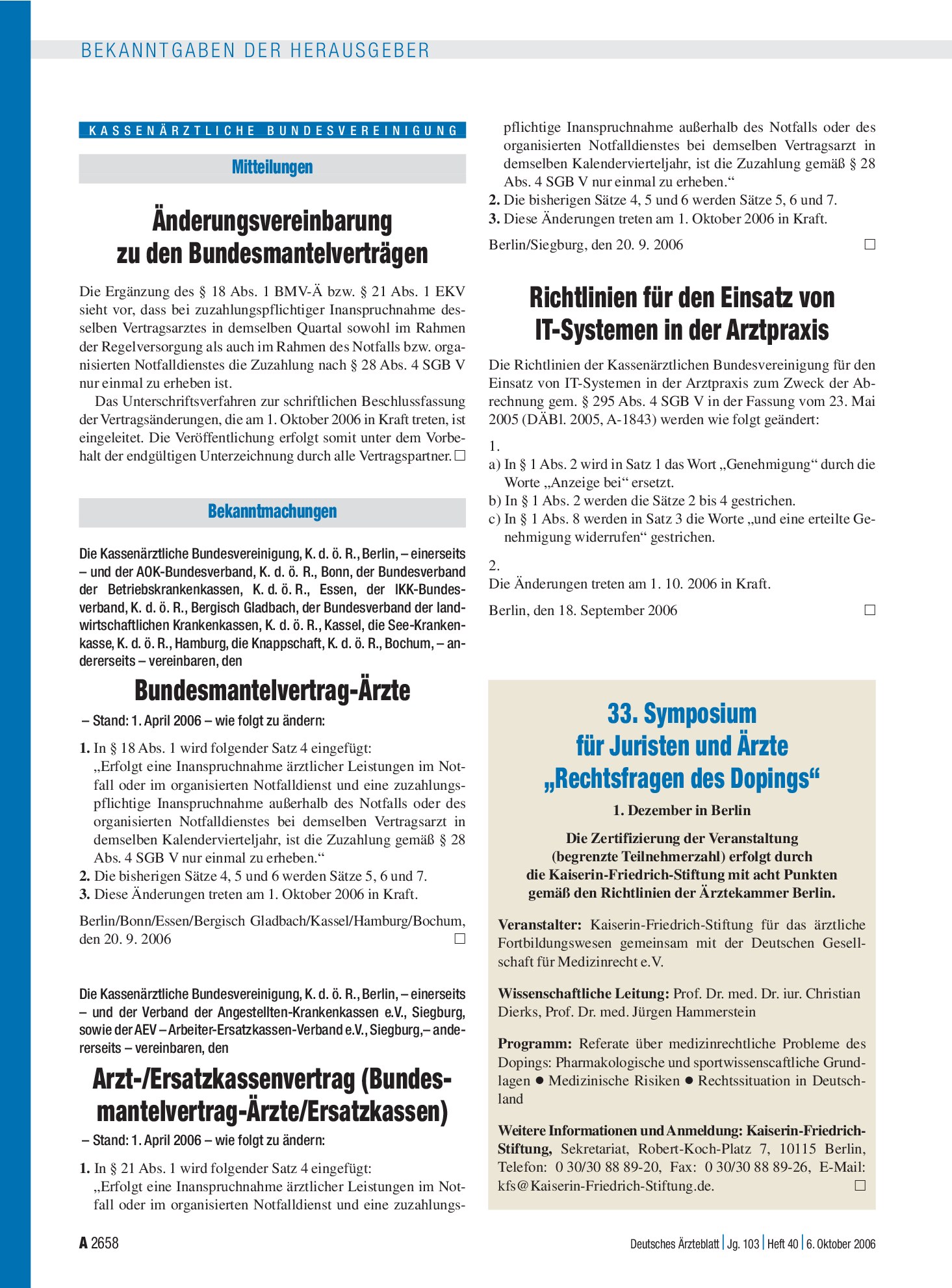 Vorschauseite 1: Bekanntmachungen: Bundesmantelvertrag-Ärzte – Deutsches Ärzteblatt
