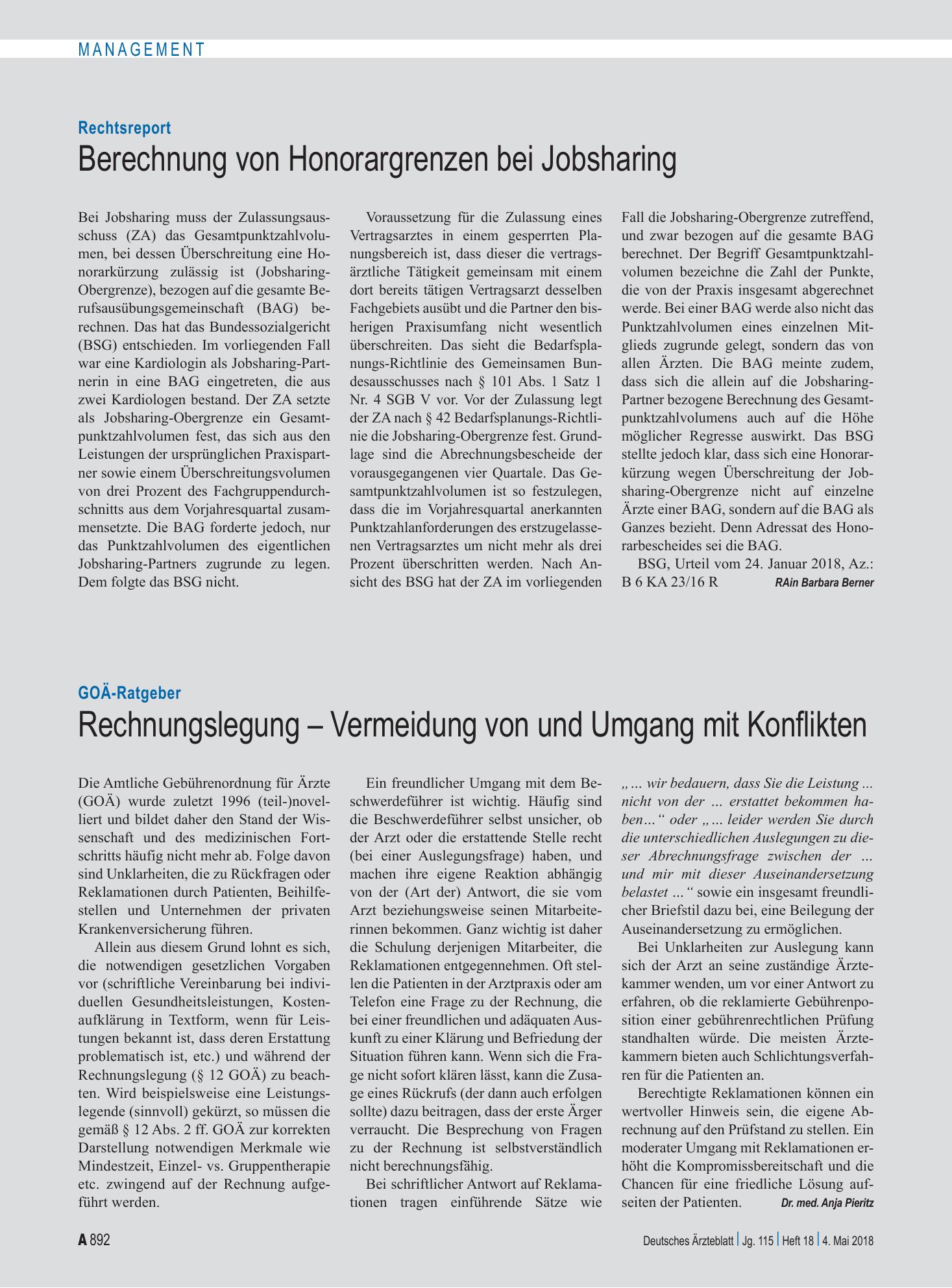 Vorschauseite 1: Rechtsreport: Berechnung von Honorargrenzen bei Jobsharing – Deutsches Ärzteblatt