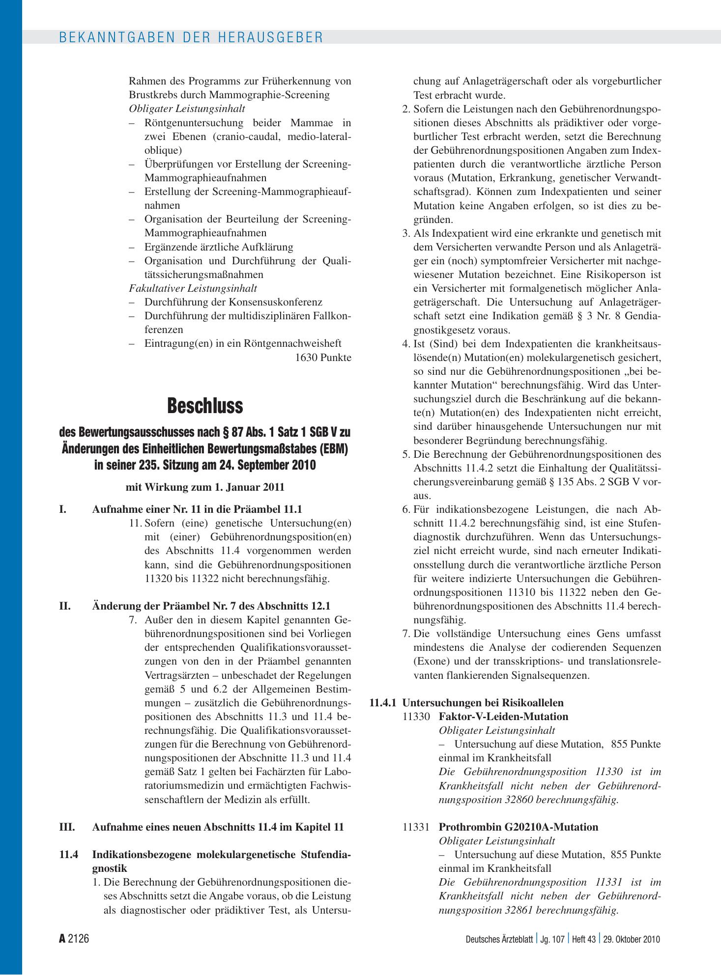 Vorschauseite 1: Beschluss des Bewertungsausschusses nach § 87 Abs. 1 Satz 1 SGB V zu Änderungen des Einheitlichen Bewertungsmaßstabes (EBM) in seiner 235. Sitzung am 24. September 2010 – Deutsche…