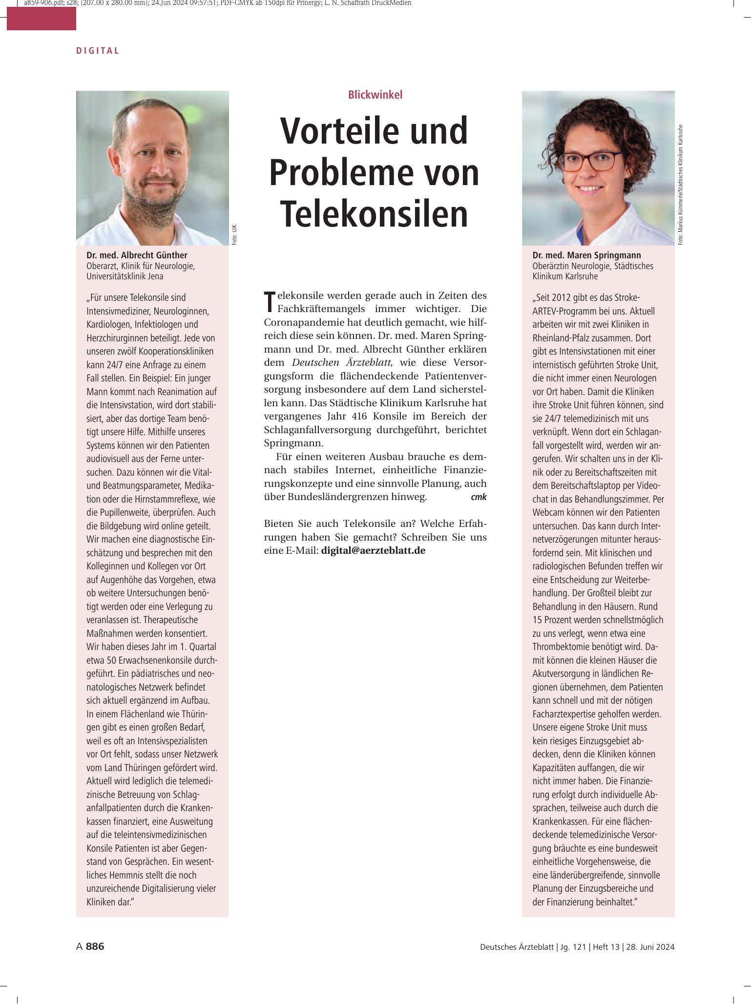 Vorschauseite 1: Blickwinkel: Vorteile und Probleme von Telekonsilen – Deutsches Ärzteblatt