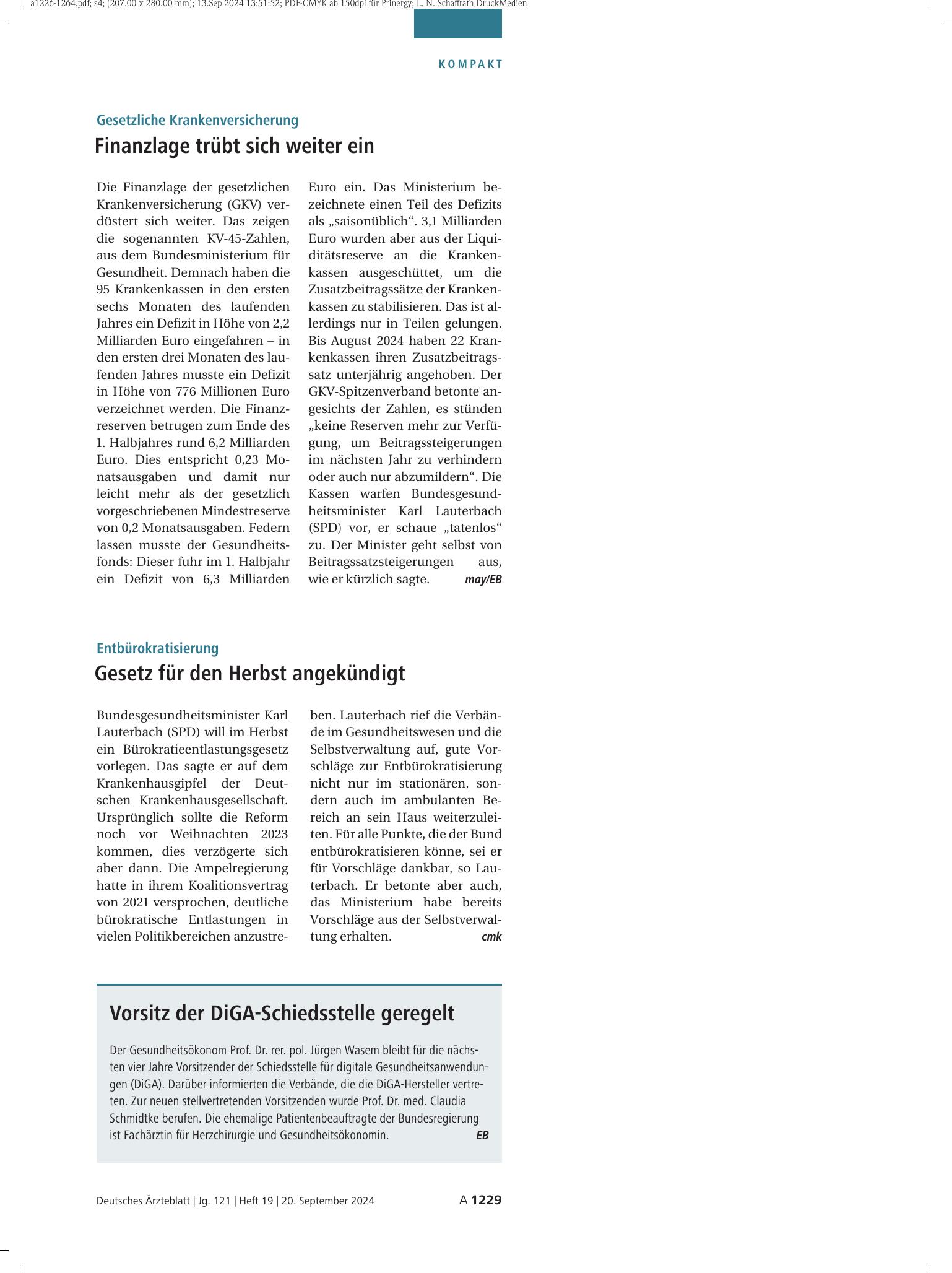 Vorschauseite 1: Vorsitz der DiGA-Schiedsstelle geregelt – Deutsches Ärzteblatt