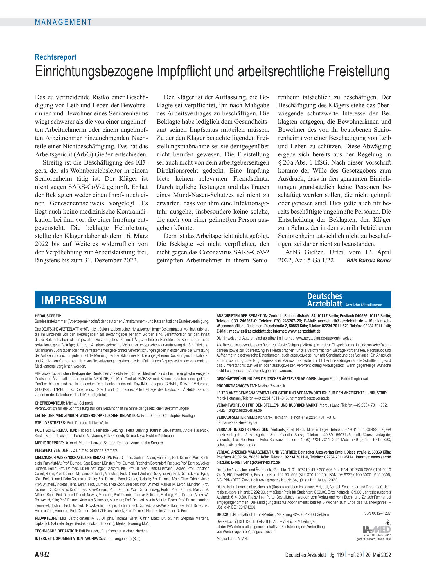 Vorschauseite 1: Rechtsreport: Einrichtungsbezogene Impfpflicht und arbeitsrechtliche Freistellung – Deutsches Ärzteblatt