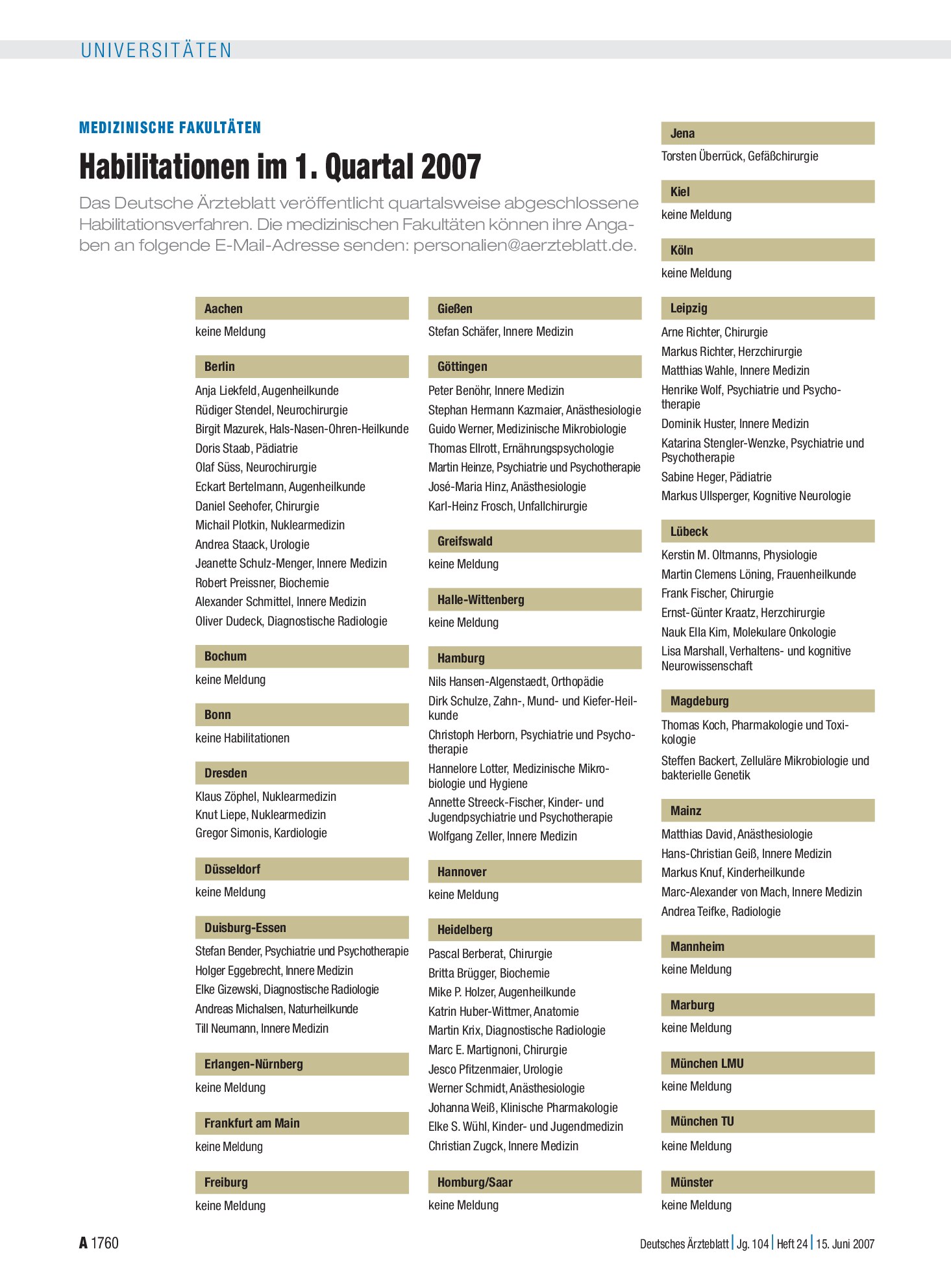 Vorschauseite 1: MEDIZINISCHE FAKULTÄTEN: Habilitationen im 1. Quartal 2007 – Deutsches Ärzteblatt
