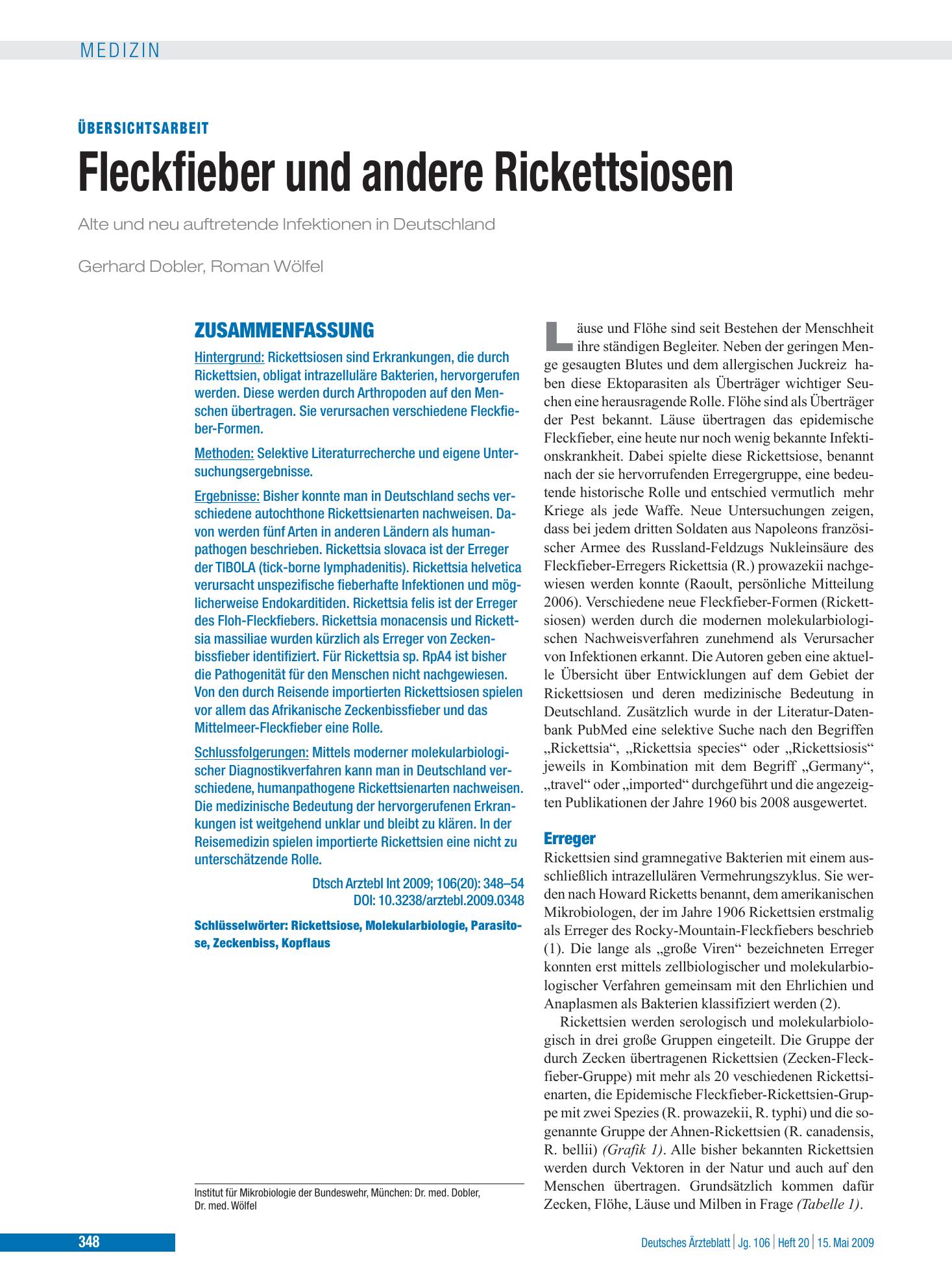 Vorschauseite 1: Fleckfieber und andere Rickettsiosen – Deutsches Ärzteblatt