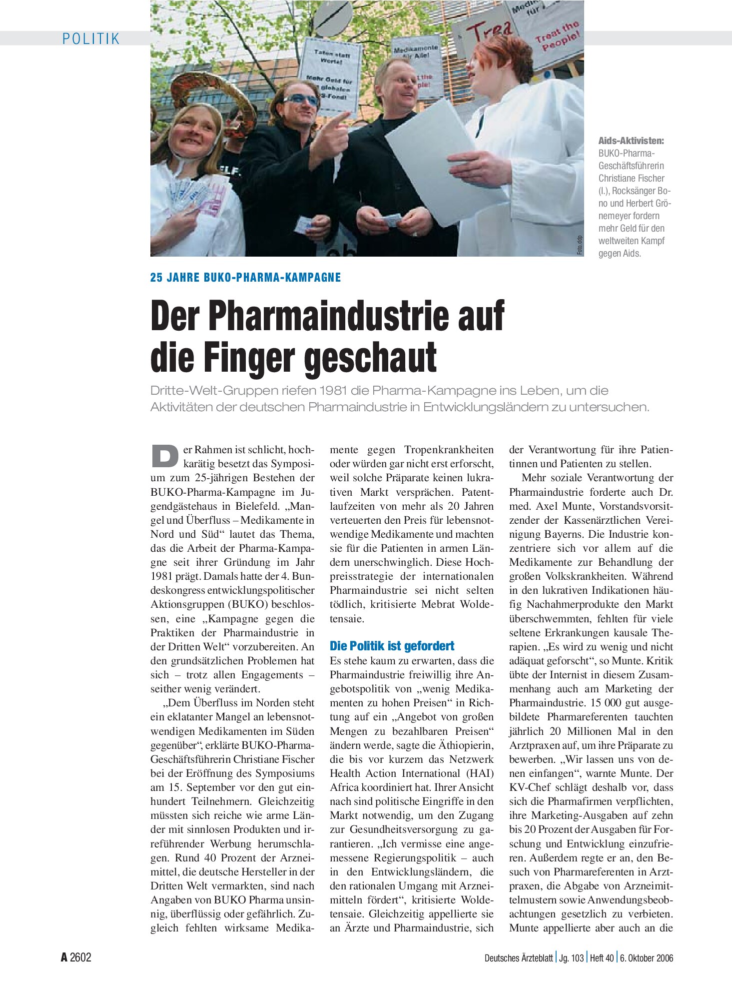 Vorschauseite 1: 25 Jahre BUKO-Pharma-Kampagne: Der Pharmaindustrie auf die Finger geschaut – Deutsches Ärzteblatt