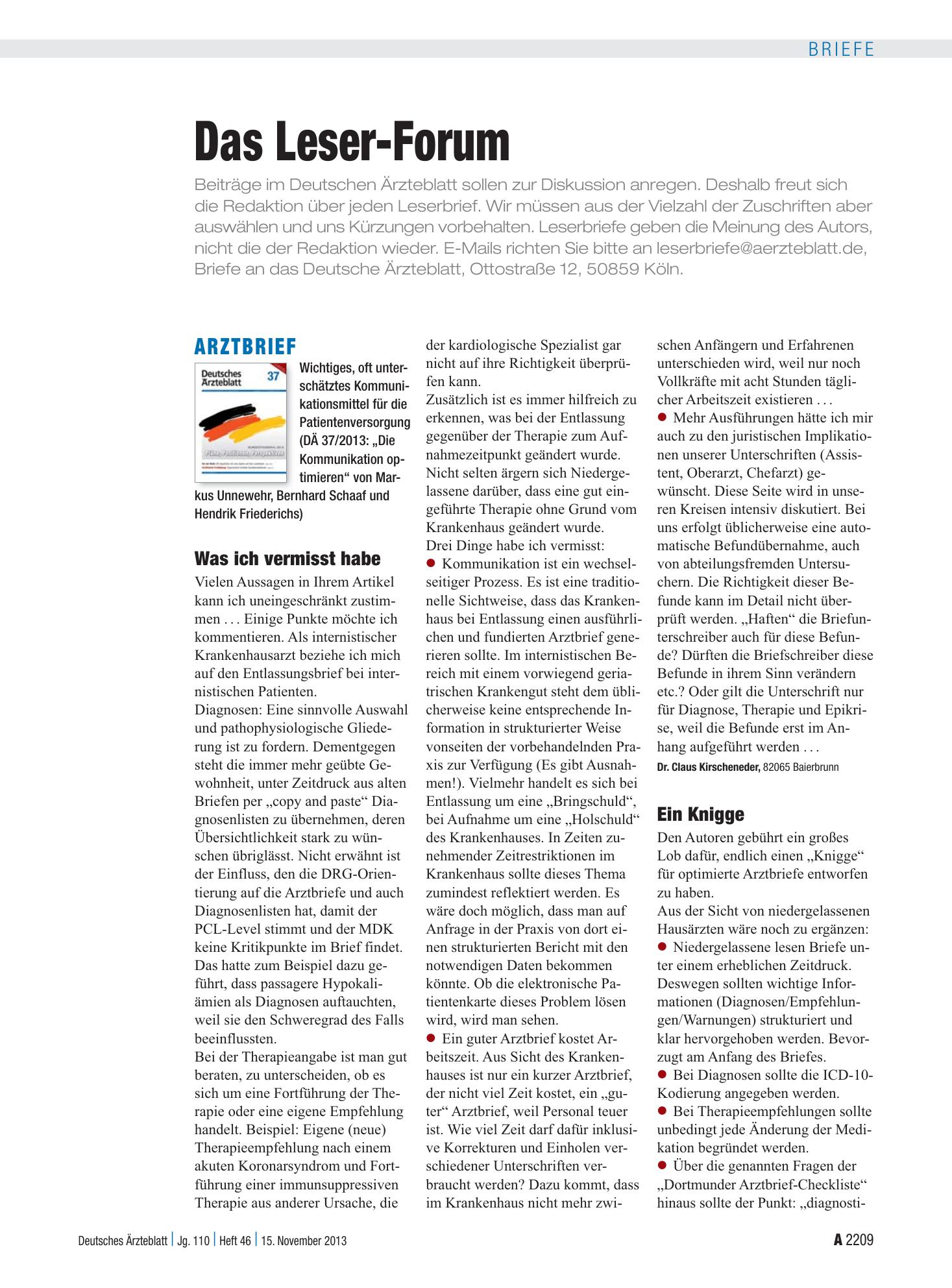 Vorschauseite 1: Arztbrief: Ein Knigge – Deutsches Ärzteblatt