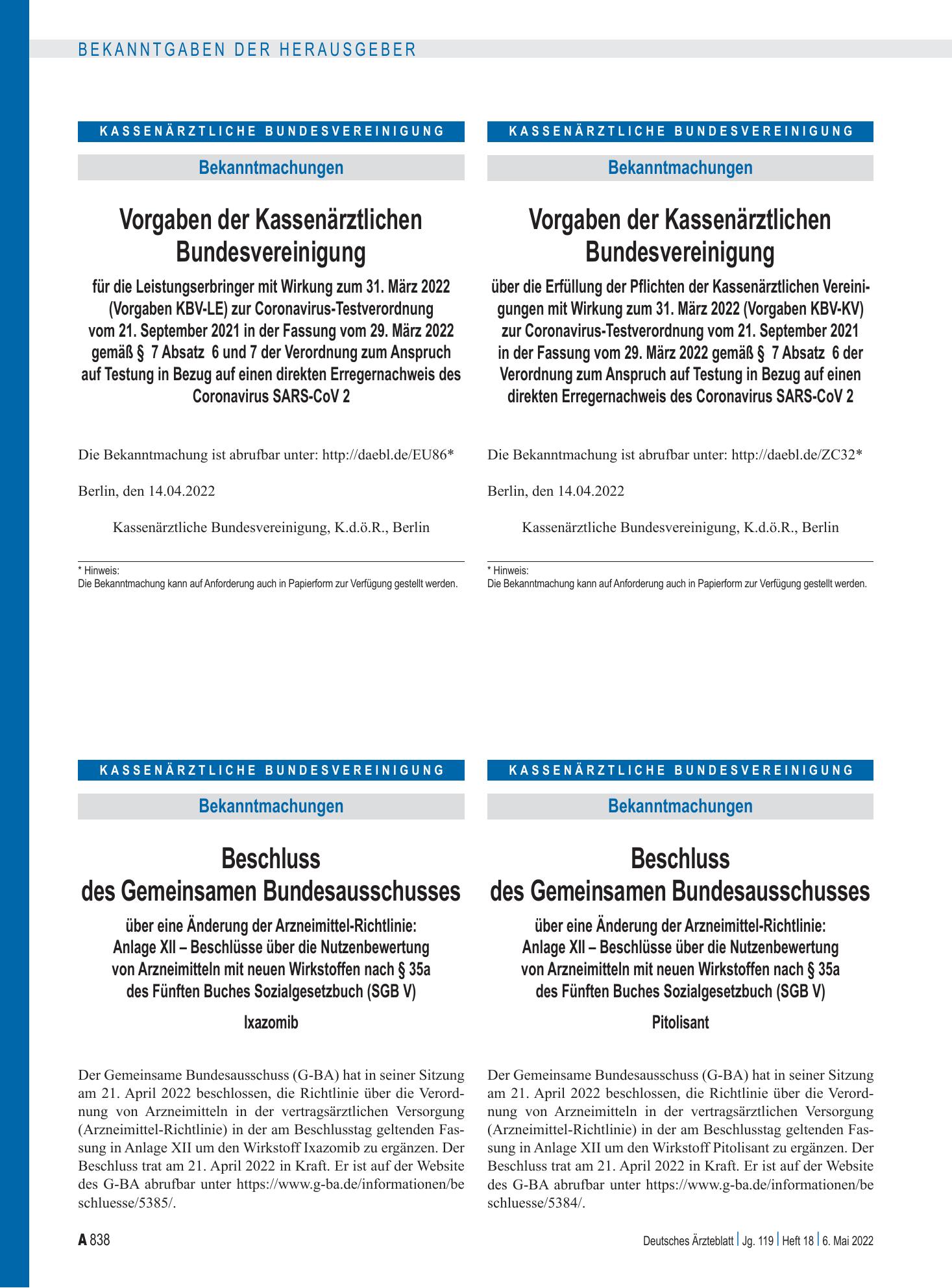 Vorschauseite 1: Beschluss des Gemeinsamen Bundesausschusses über eine Änderung der Arzneimittel-Richtlinie: Ixazomib – Deutsches Ärzteblatt