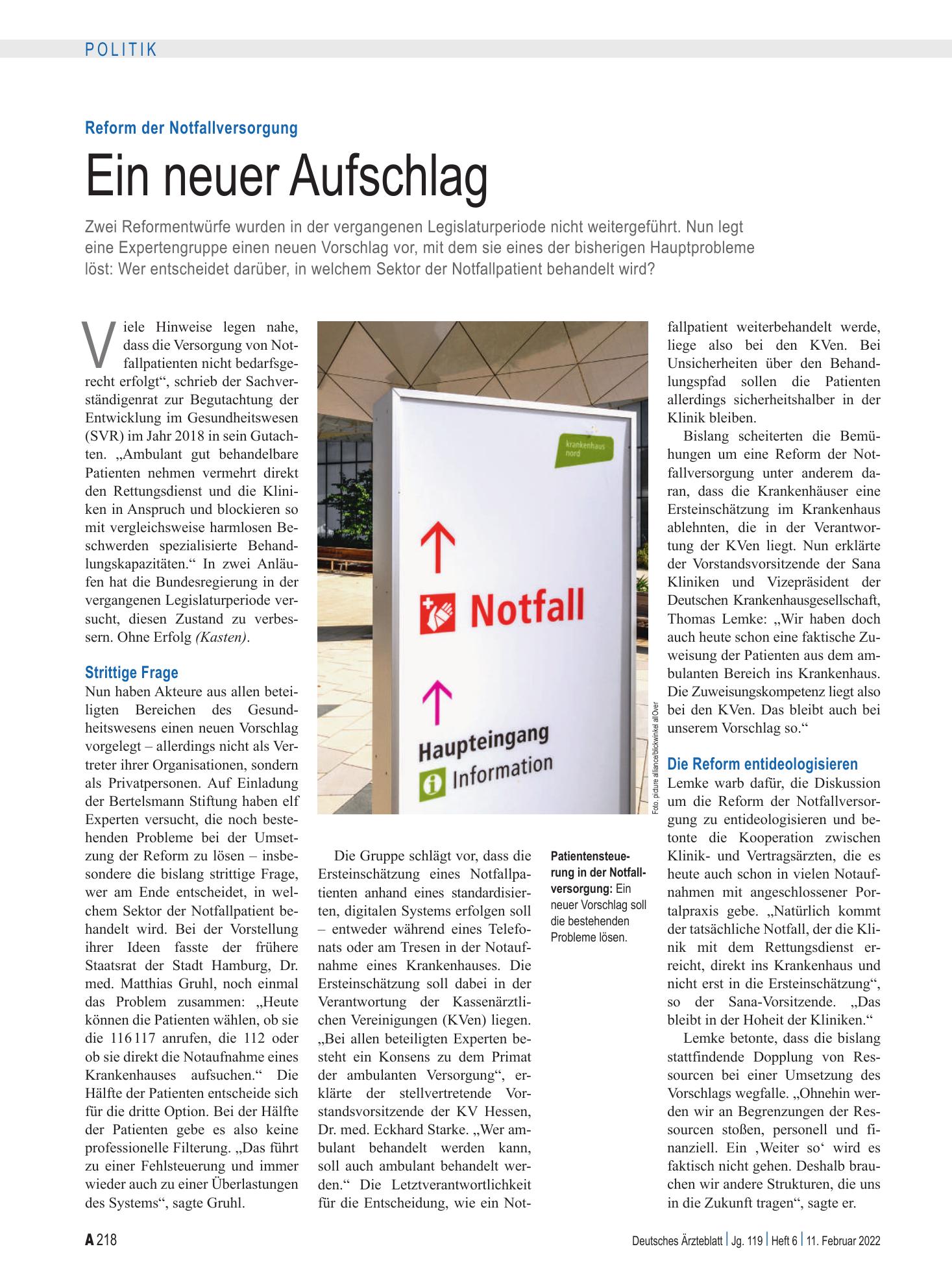 Vorschauseite 1: Reform der Notfallversorgung: Ein neuer Aufschlag – Deutsches Ärzteblatt