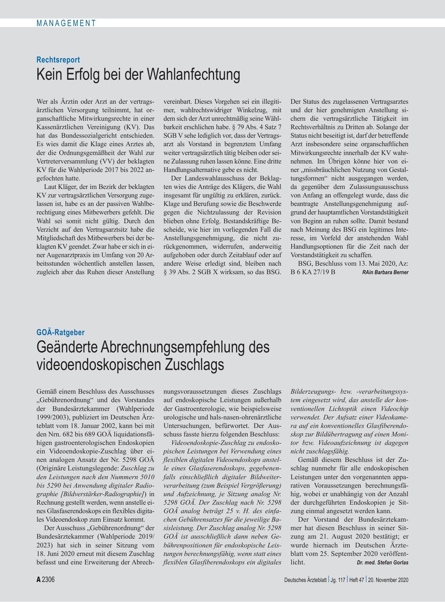 Vorschauseite 1: GOÄ-Ratgeber: Geänderte Abrechnungsempfehlung des videoendoskopischen Zuschlags – Deutsches Ärzteblatt
