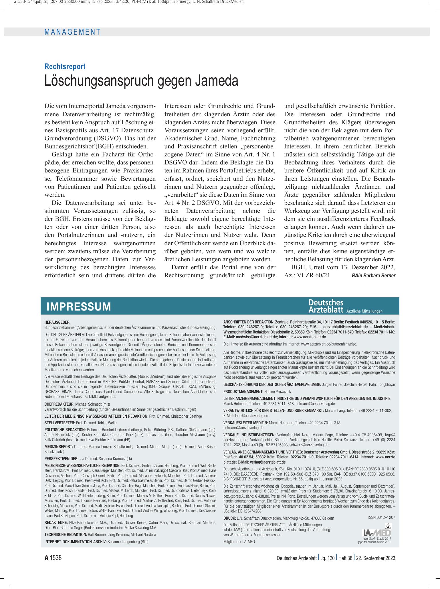 Vorschauseite 1: Rechtsreport: Löschungsanspruch gegen Jameda – Deutsches Ärzteblatt