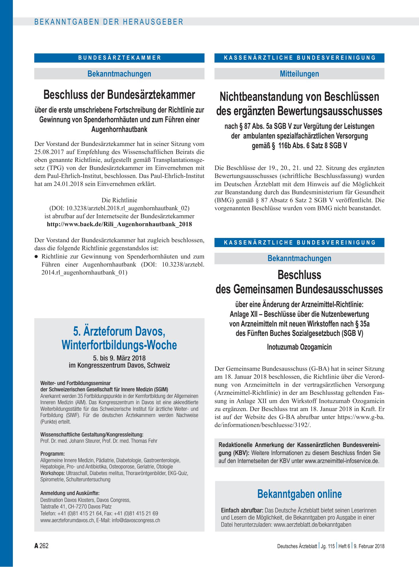 Vorschauseite 1: Bekanntgaben online – Deutsches Ärzteblatt