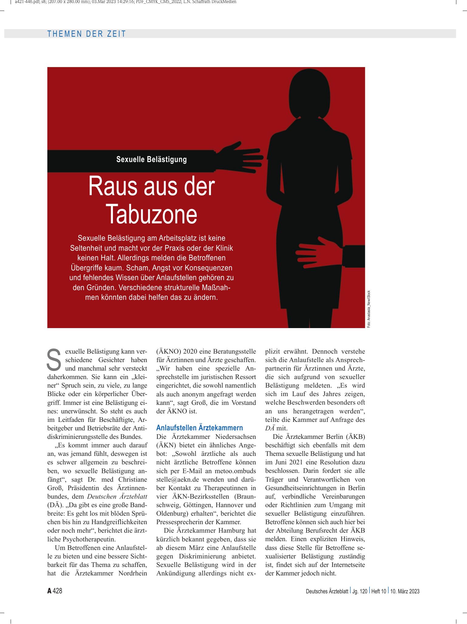 Vorschauseite 1: Sexuelle Belästigung: Raus aus der Tabuzone – Deutsches Ärzteblatt
