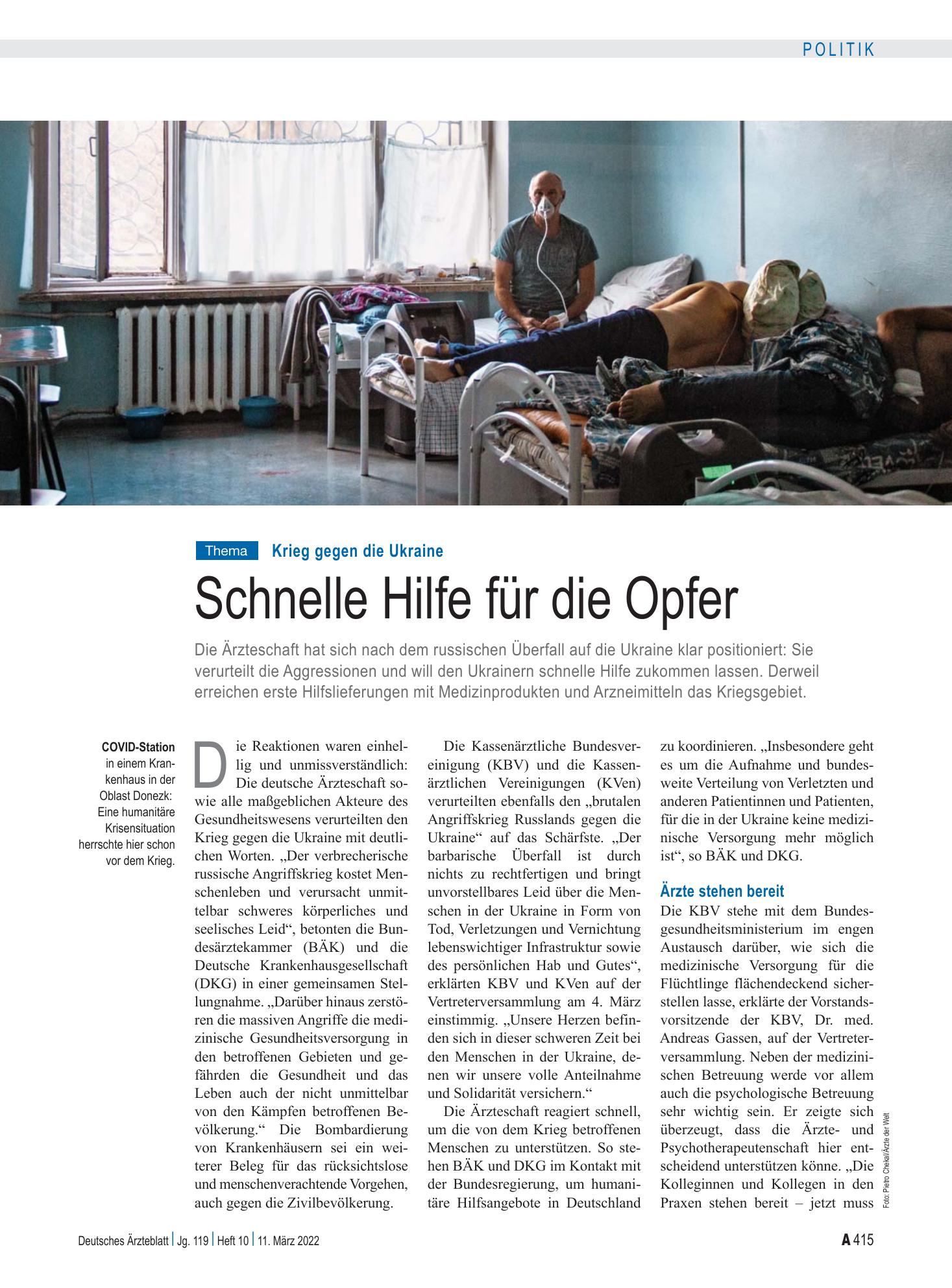 Vorschauseite 1: Krieg gegen die Ukraine: Schnelle Hilfe für die Opfer – Deutsches Ärzteblatt