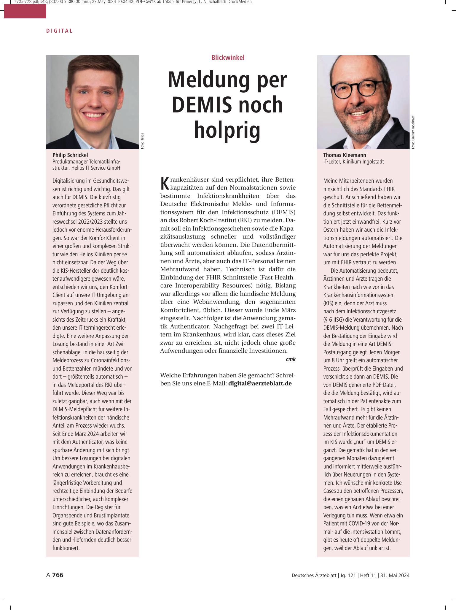 Vorschauseite 1: Blickwinkel: Meldung per DEMIS noch holprig – Deutsches Ärzteblatt