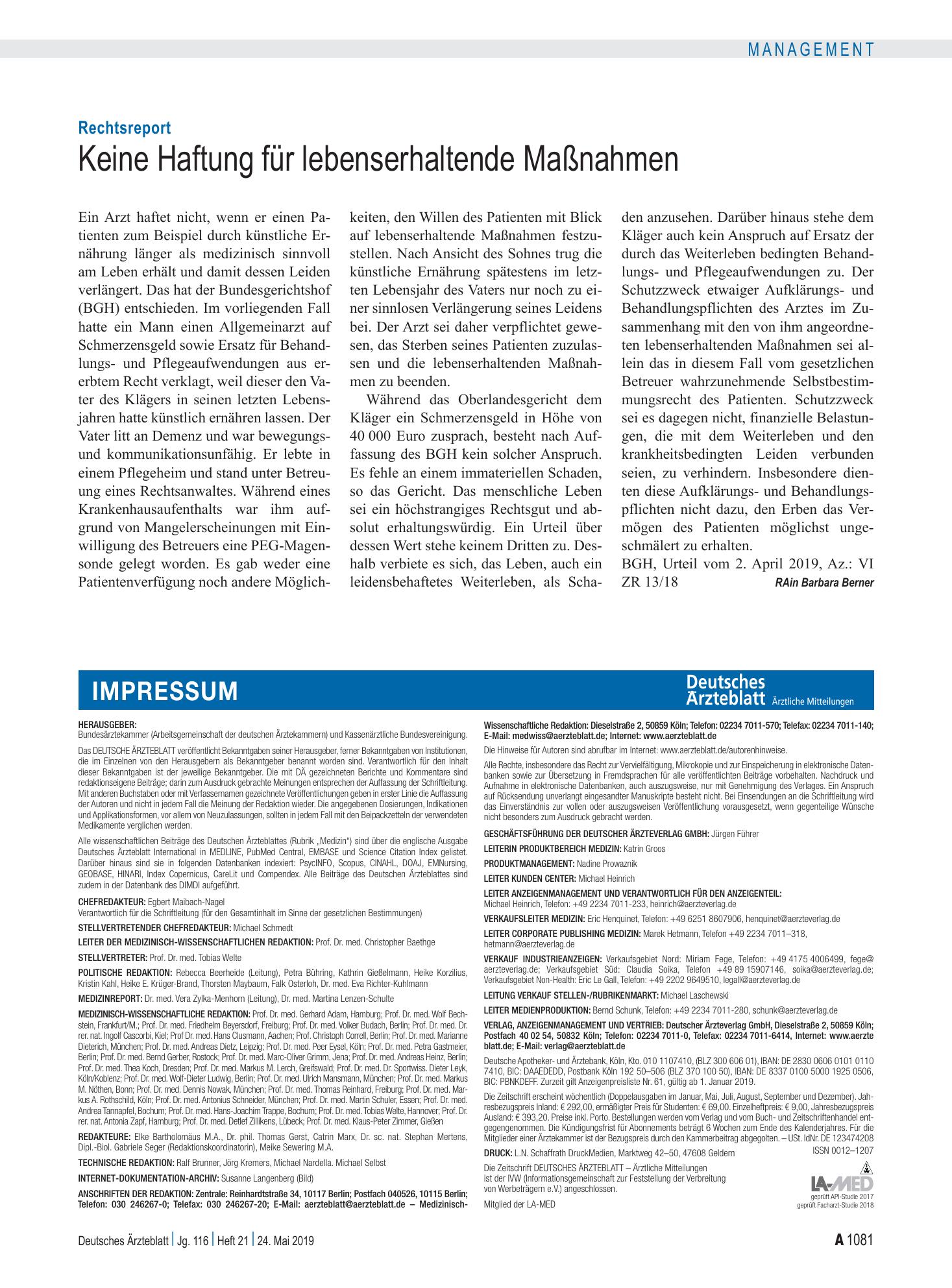 Vorschauseite 1: Rechtsreport: Keine Haftung für lebenserhaltende Maßnahmen – Deutsches Ärzteblatt
